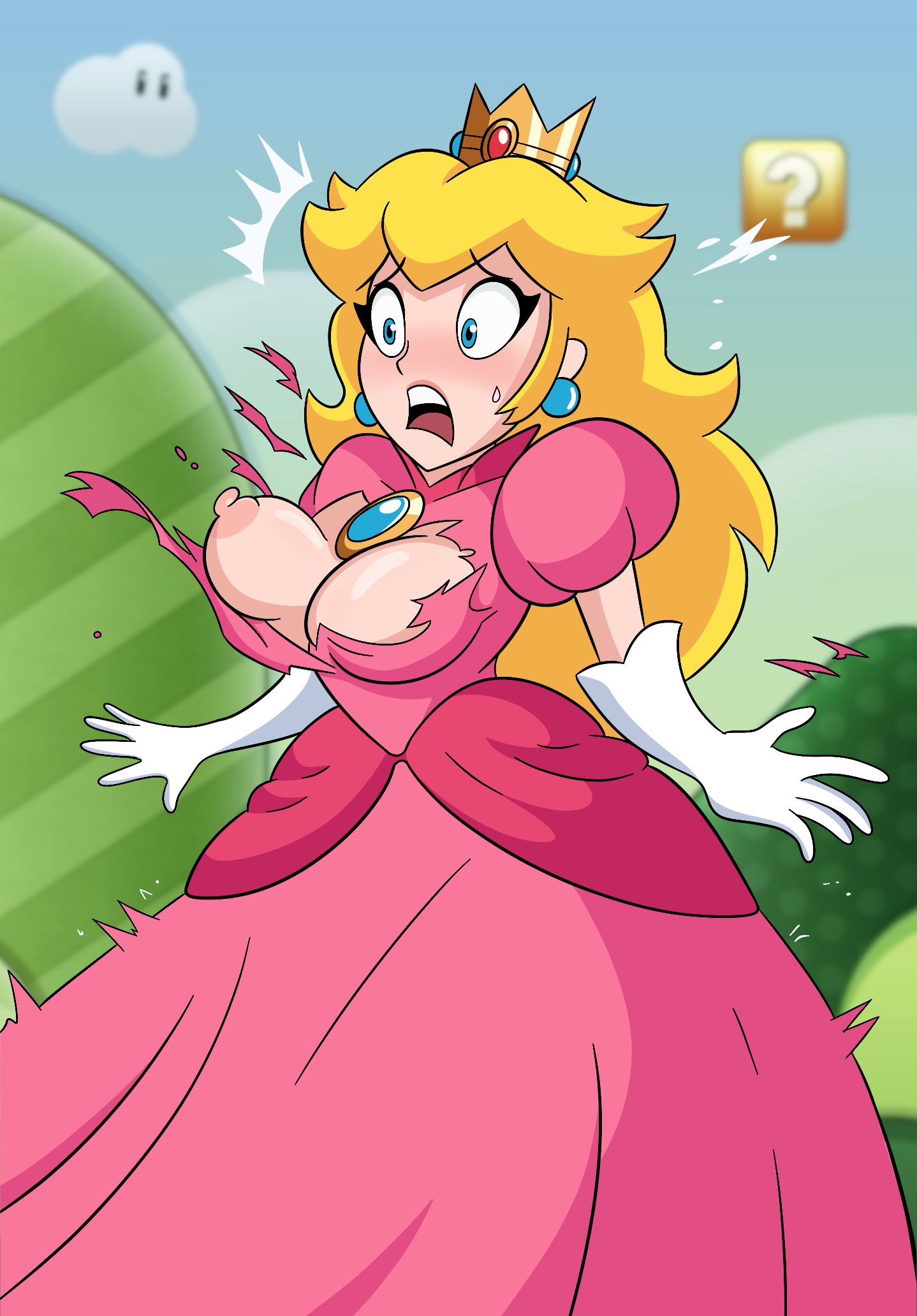 1girls, blonde, breasts, breasts out, clothed, clothing, dress, female, hauntedhouseart, large breasts, mario (series), nipples, no bra, pink dress, princess peach, ripped clothing, shocked, shocked expression, tagme, torn clothes, torn clothing, wardrobe malfunction