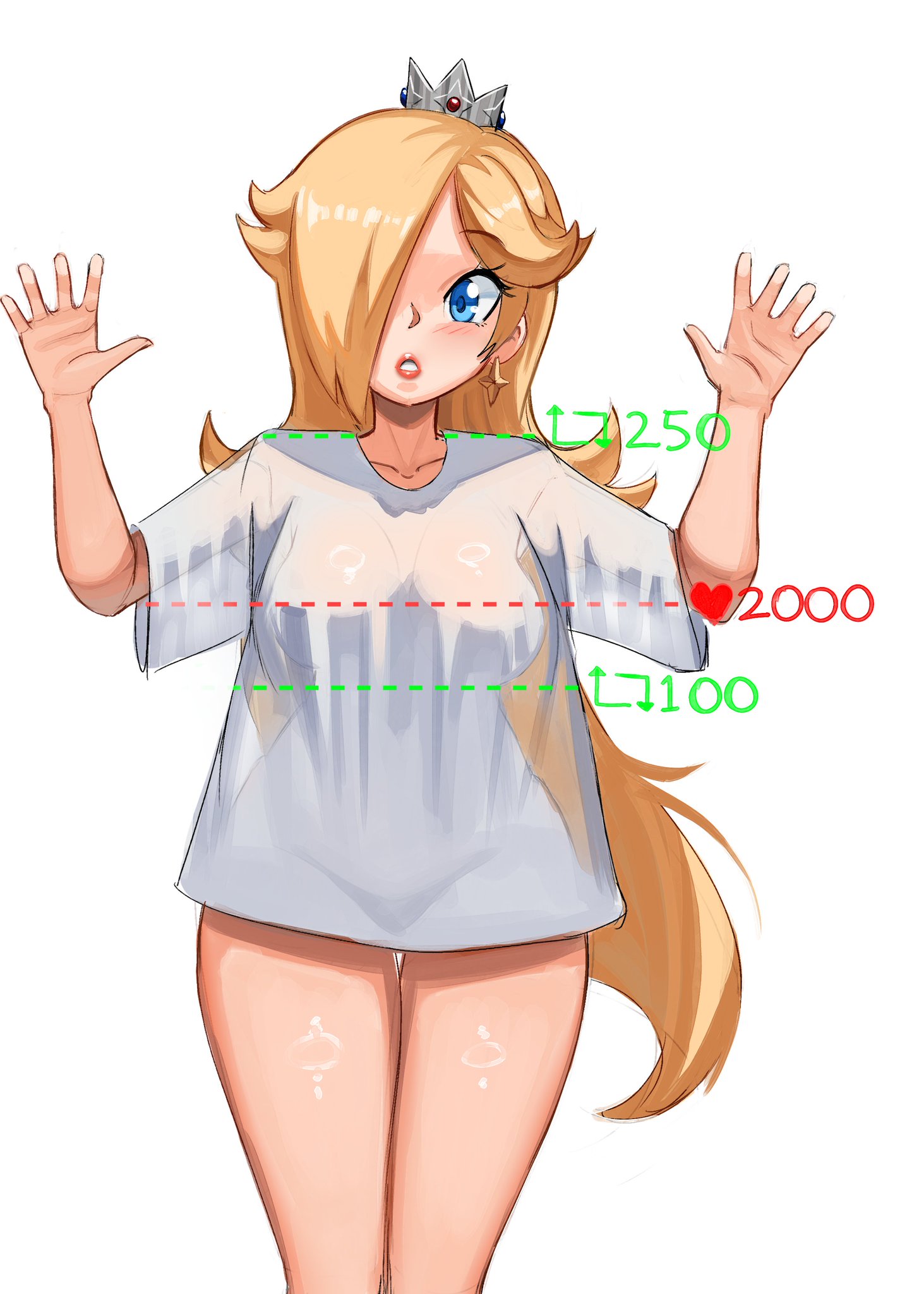 1girls, absolute cinema, breasts, female, hasenreag, mario (series), princess rosalina, see-through clothing, tagme, twitter strip game (meme), white shirt