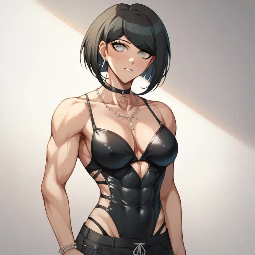 ai_generated alternate_body_type alternate_costume black_hair breasts danganronpa danganronpa_ultra_despair_girls female gothic naegi_komaru nipples_visible_through_clothing seductive short_hair solo_focus toned_female