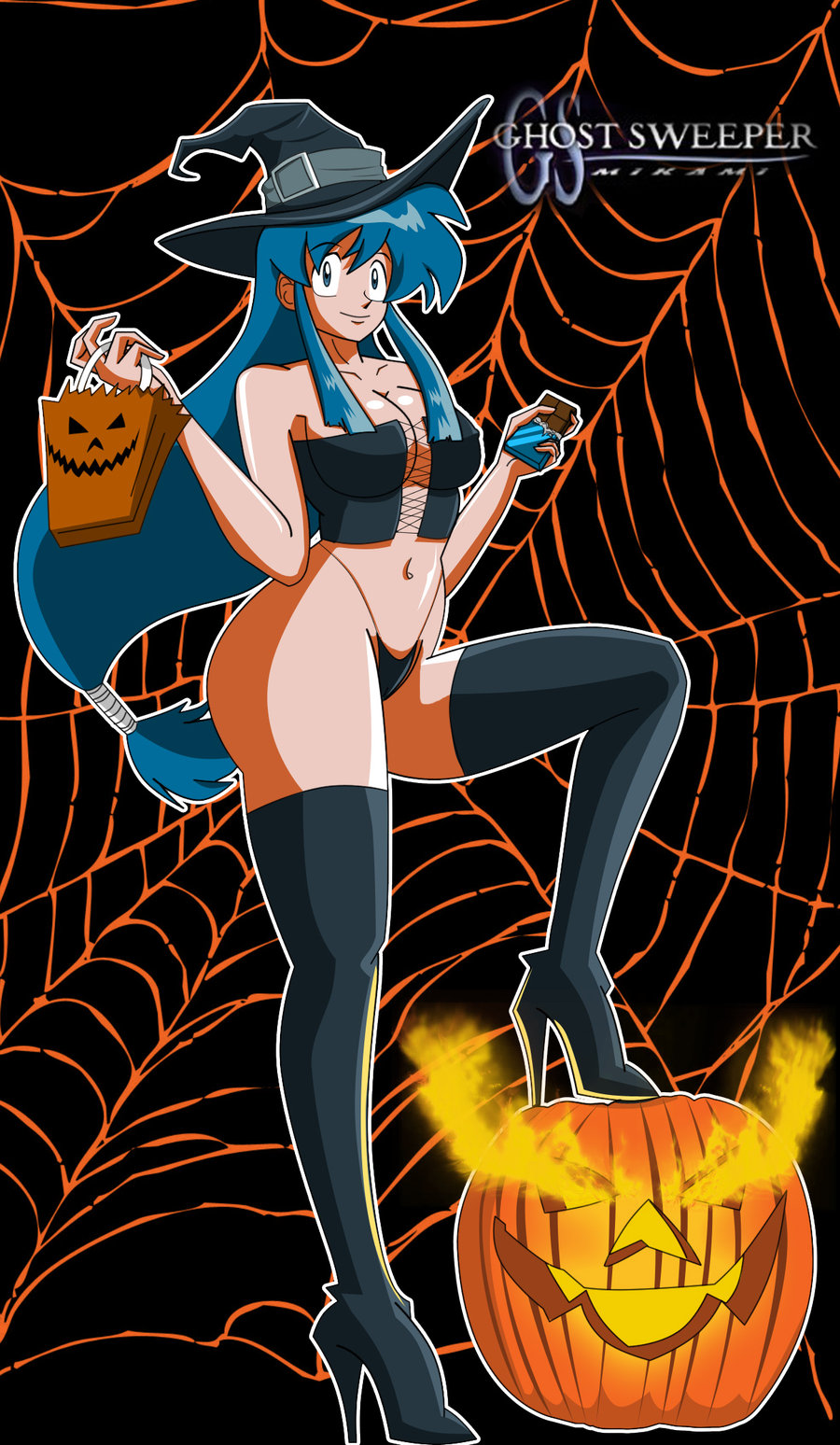 00s 1girls 2000s 2009 blue_hair breasts copyright_name corset curvaceous female female_only full_body ghost_girl ghost_sweeper_mikami grimphantom halloween hat high_heel_boots humanoid jack-o'-lantern kinu_himuro large_breasts light-skinned_female light_skin long_hair looking_at_viewer panties solo standing tagme thick_thighs wide_hips