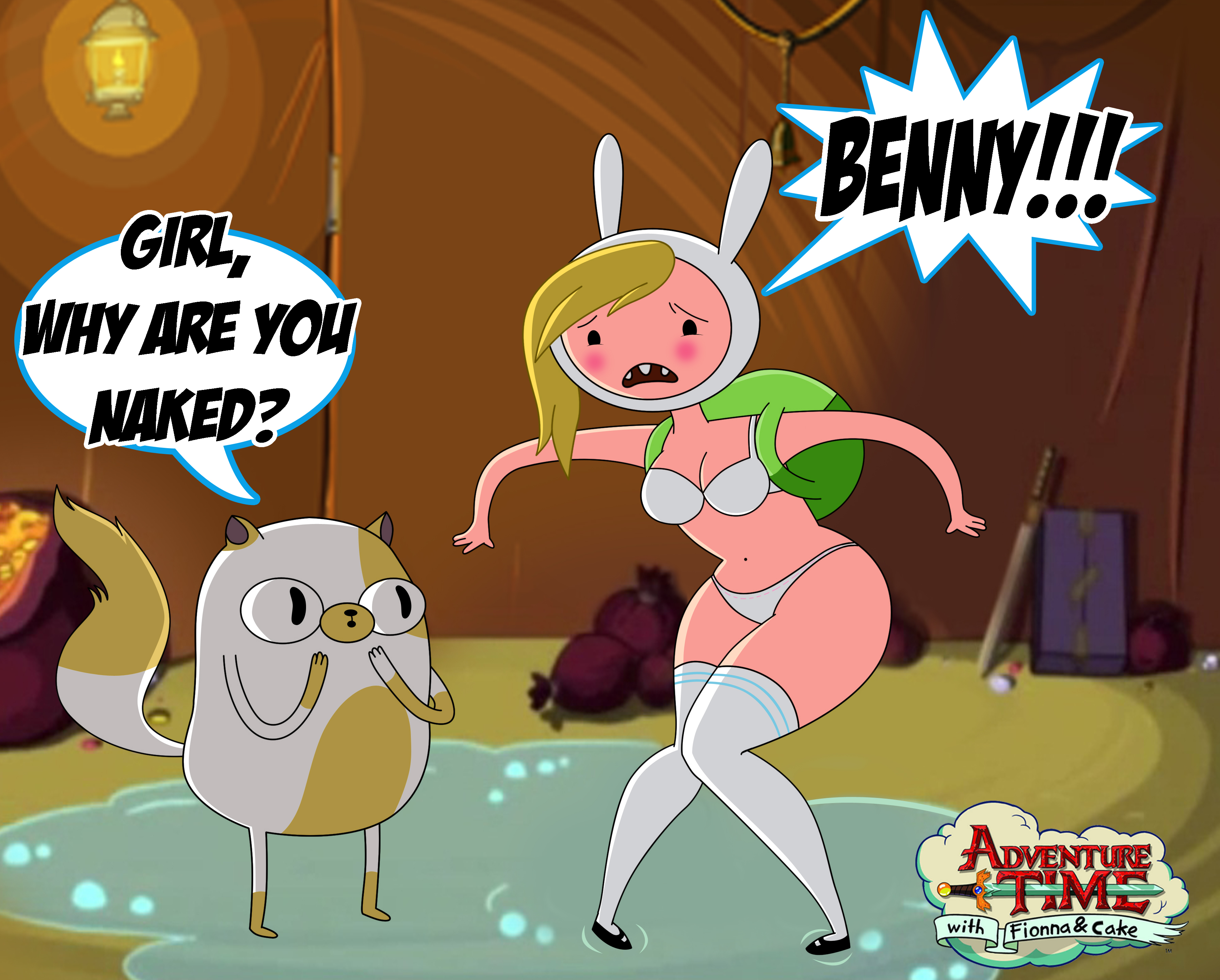 accurate art style, adventure time, backpack, bag, bra, cake the cat, canonical scene, embarrassed underwear female, embarrassed undressed female, euf, female, fionna the human girl, footwear, grimphantom, headwear, hood, human, legwear, official style, panties, rule 63, tagme, thick thighs, underwear, white panties