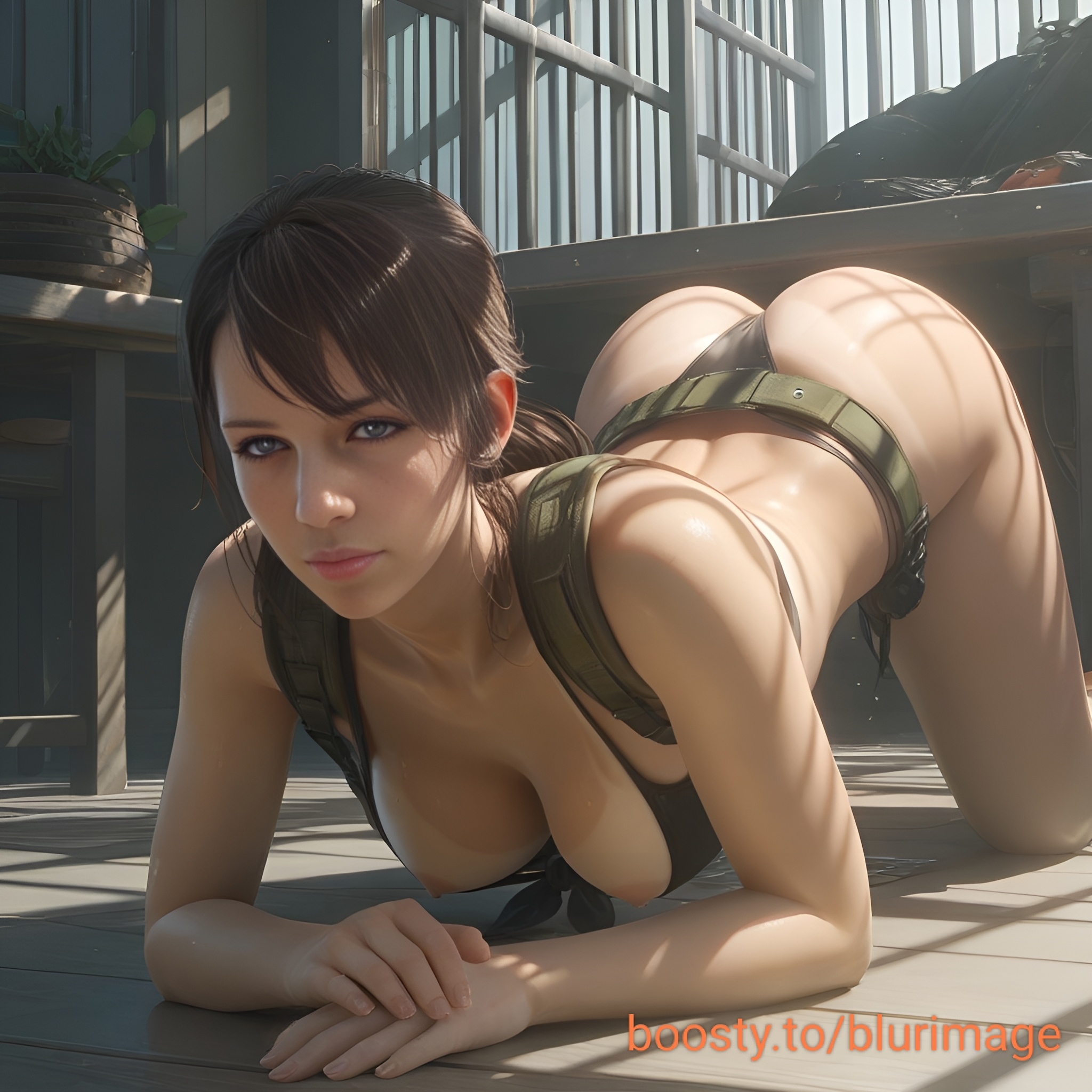 ai generated, all fours, ass, ass up, breasts, breasts out, female, metal gear, metal gear solid, metal gear solid v, naked, naked female, nipple slip, quiet (metal gear), realistic
