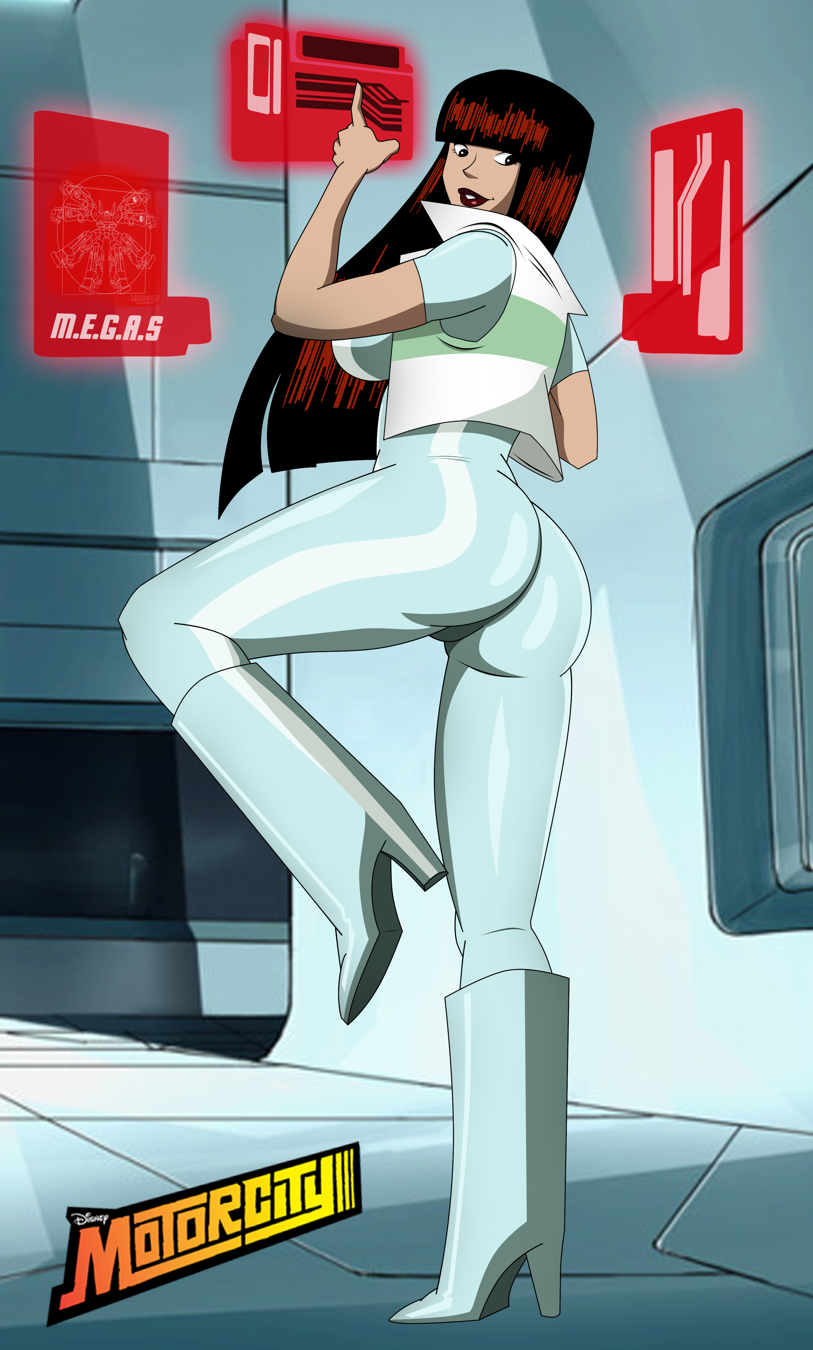 boots, disney, disney xd, female, female only, grimphantom, julie kane, looking at viewer, looking back, motorcity