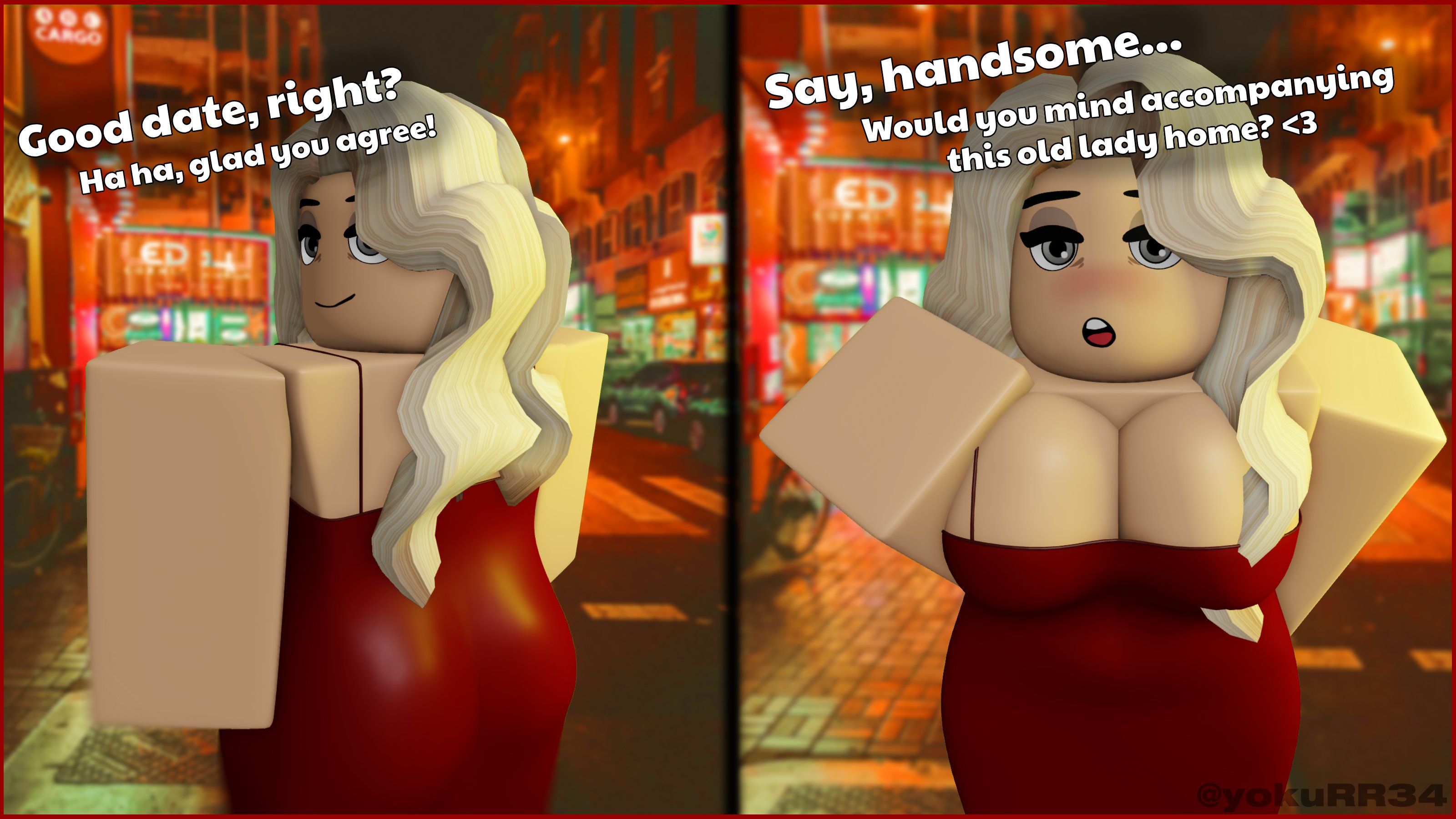 1girls, 2025, 3d, ass, big breasts, blonde hair, blush, breasts, cleavage, clothed, clothed female, dialogue, dress, english text, eyebrows, female, fully clothed, fully clothed female, grey eyes, highres, light skin, light-skinned female, long hair, looking at viewer, looking back, night, older female, open mouth, outdoors, red dress, roblox, robloxian, smile, standing, text, twitter username, watermark, yokurr34