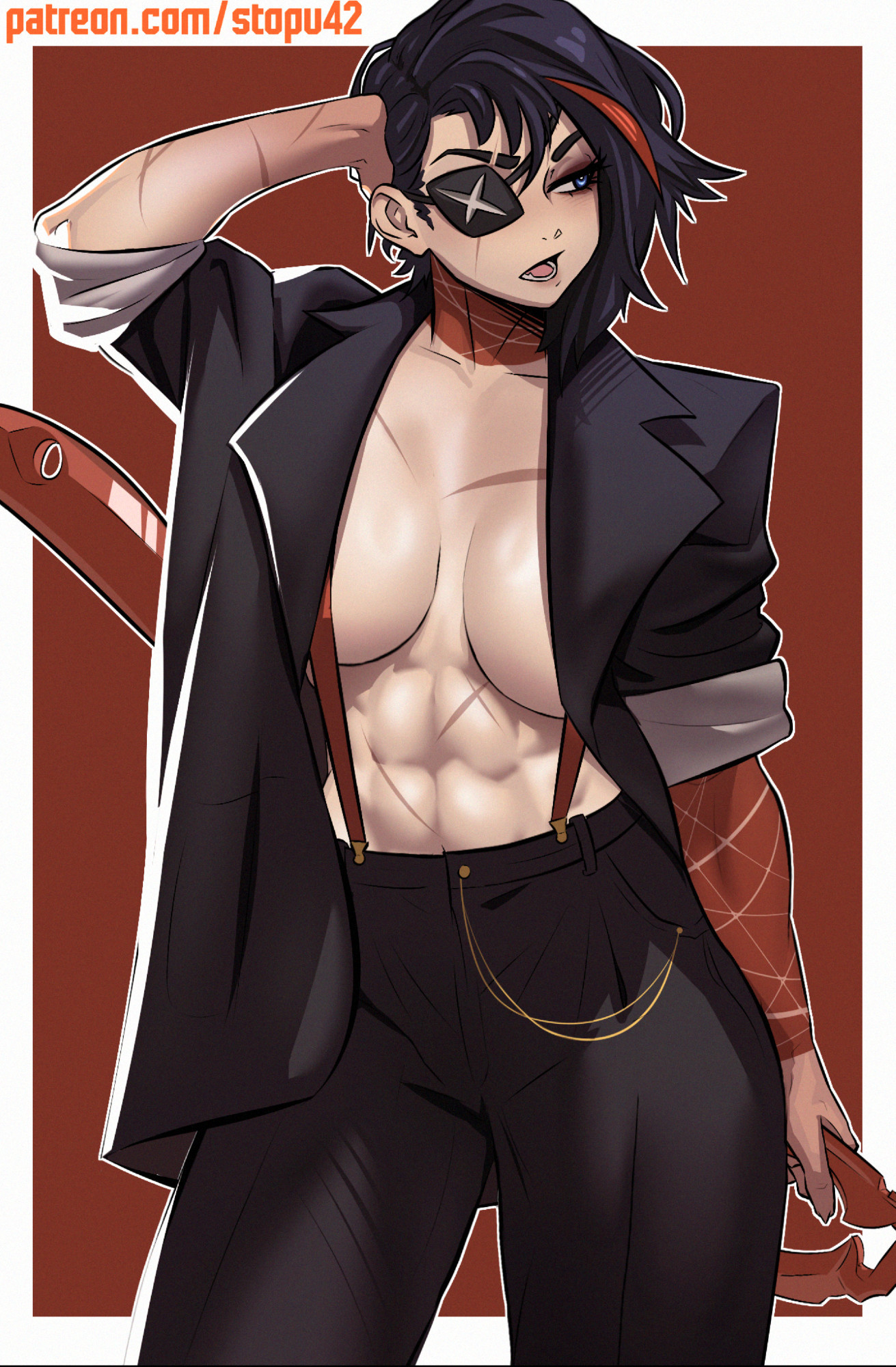 1girls, 2d, 2d (artwork), abs, bare arms, big breasts, black hair, blue eyes, breasts, clothed, clothing, color, colored, covered eye, female, female focus, female only, fit, fit female, hi res, kill la kill, large breasts, light skin, light-skinned female, looking at viewer, matoi ryuuko, muscles, muscular, muscular female, no bra, scars, short hair, solo, solo female, stopu, tagme, tattoos, thick thighs, tomboy
