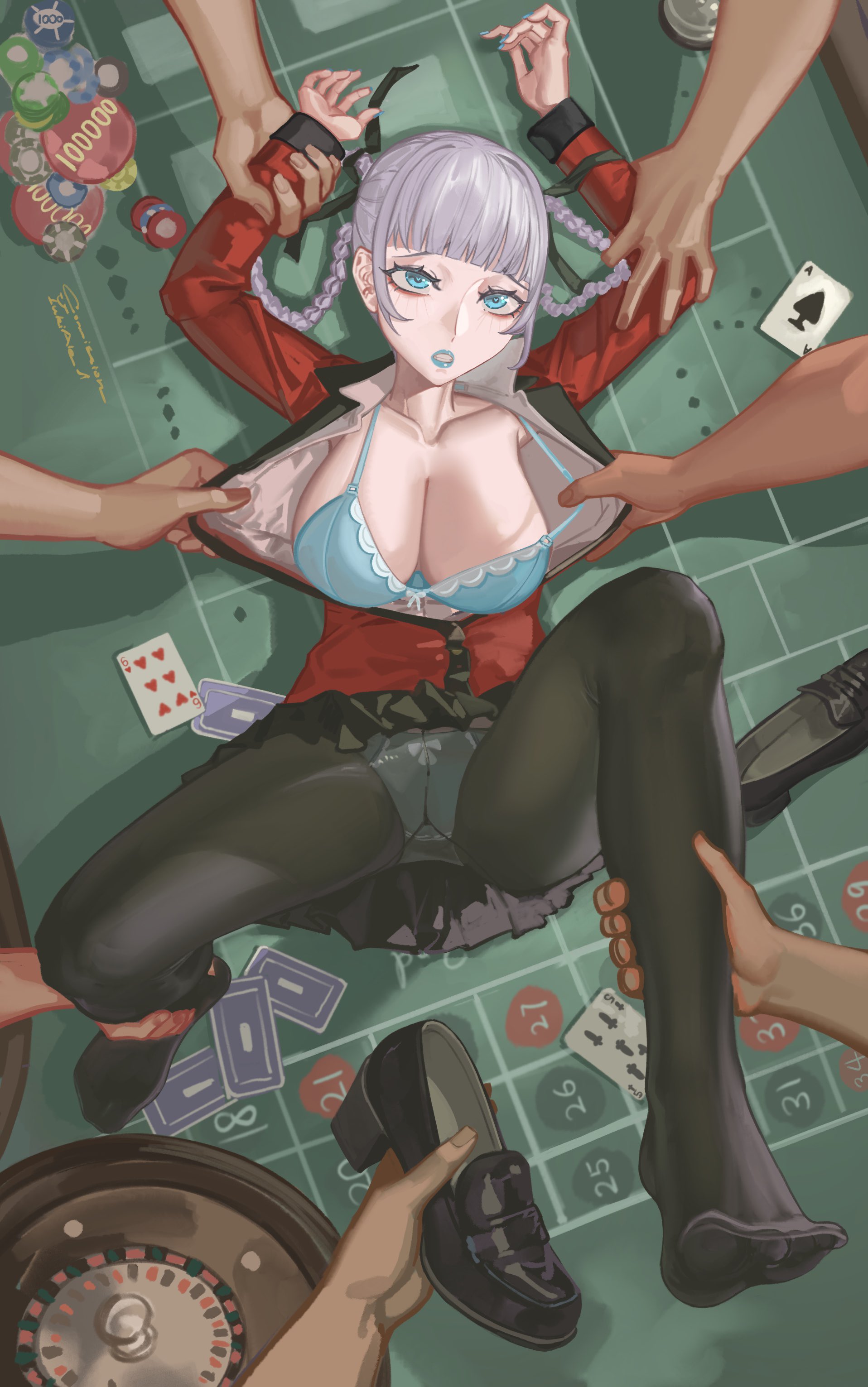 1girls, 2d, 6+boys, blue eyes, blue lipstick, bra, female, footwear fetish, grey hair, held down, holding arms, holding legs, kakegurui, light blue lipstick, lipstick, loafers, male, momobami kirari, open clothes, pantyhose, playing card, poker chip, pov, restrained, roulette table, school uniform, shoes removed, white hair, yukiale