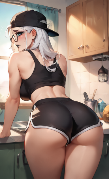 ai ai_generated allouette_(subboy01) ass ass_focus back_view backwards_hat black_lipstick blue_eyes clothed clothing embarrassed from_behind glasses hat lipstick looking_at_viewer looking_back original original_character shorts shy subboy01 tank_top thick_thighs thighs white_hair