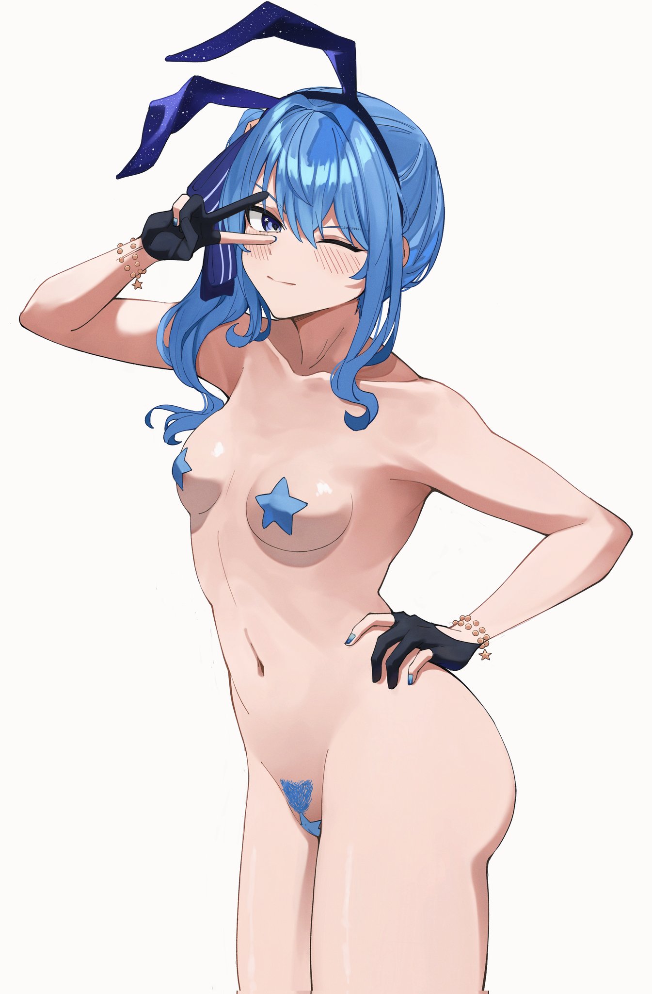 1girls, female, hololive, hololive gen 0, hololive japan, hoshimachi suisei, light skin, light-skinned female, mr thecatman, nipple pasties, pubic hair, solo, virtual youtuber, vtuber