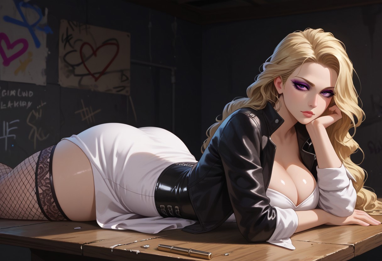 1girls, ai generated, ass, big ass, blonde hair, cleavage, eyeshadow, female, female only, fishnet legwear, fishnets, from side, jamesbron, leather jacket, legwear, long hair, looking at viewer, lying, on stomach, purple eyes, solo, stockings, thick thighs, thighs, voluptuous blonde (jamesbron), wide hips