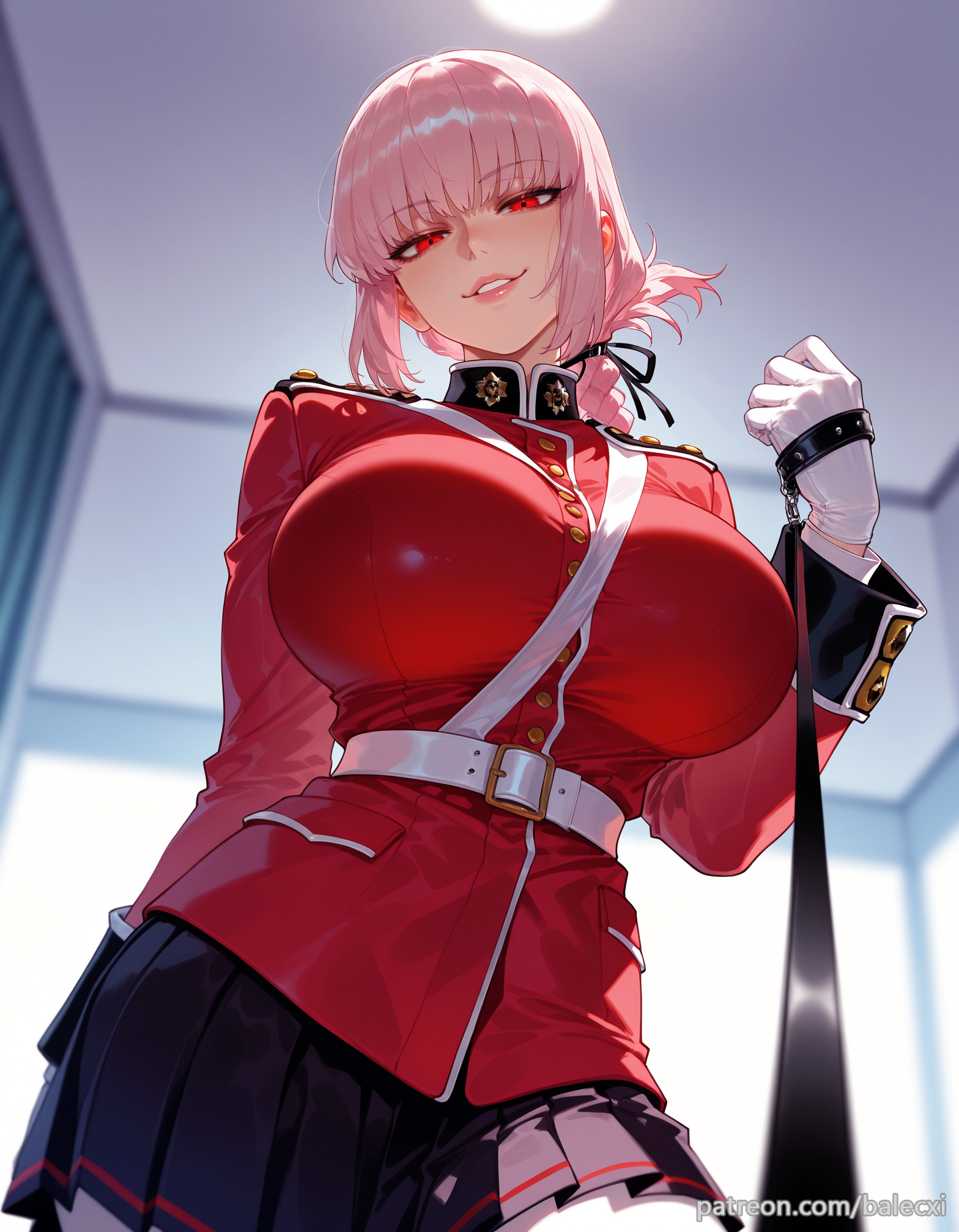 1girls, ai generated, balecxi, belt, black skirt, braid, braided ponytail, breasts, fate (series), fate/grand order, female, florence nightingale (fate), florence nightingale (trick or treatment) (fate), large breasts, leash, long hair, long sleeves, looking at viewer, military uniform, patreon username, pink hair, pleated skirt, pov, red eyes, red jacket, skirt, smile, solo, white gloves, white pantyhose