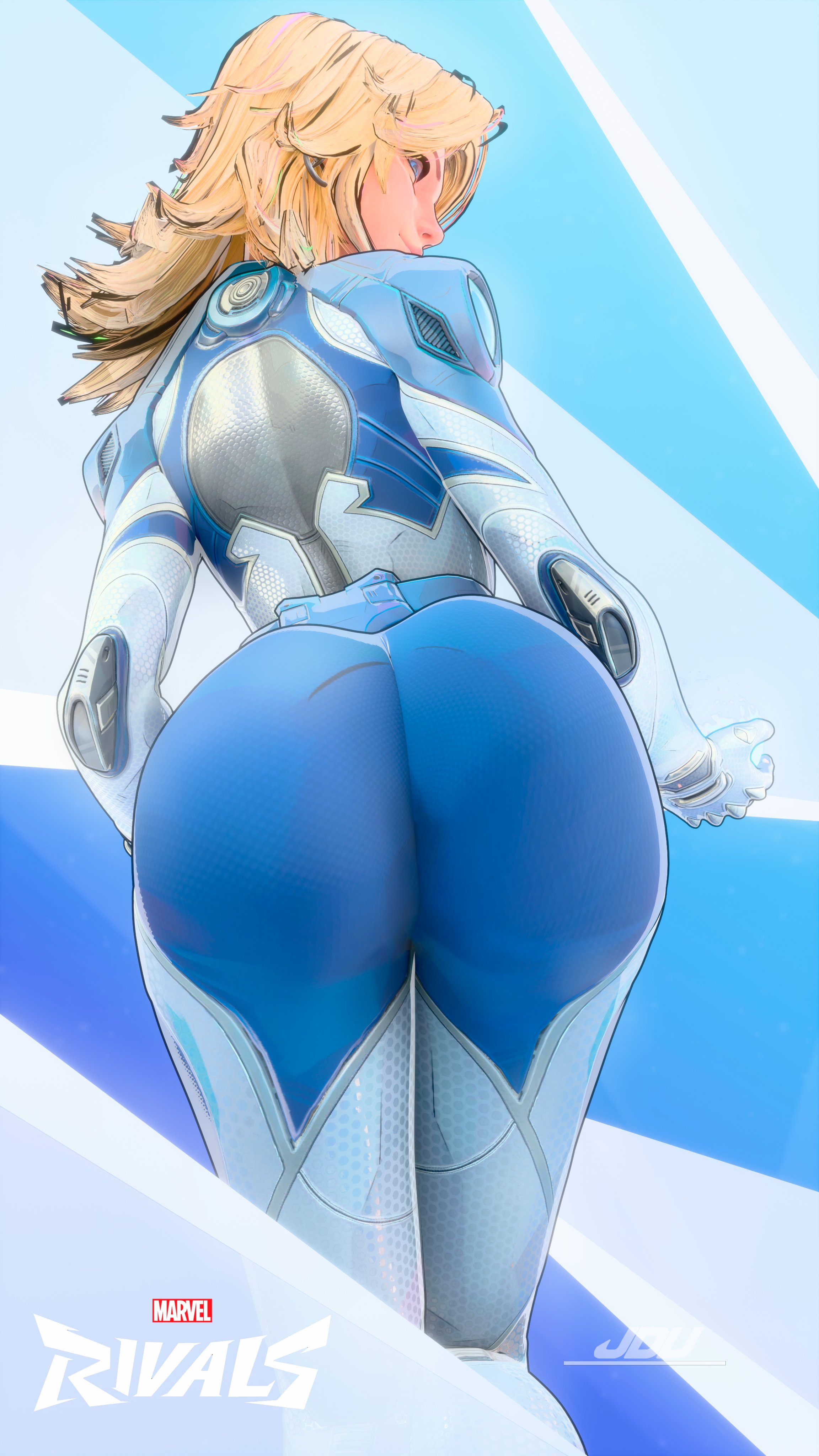 ass, blonde hair, bodysuit, bubble ass, bubble butt, copyright name, fantastic four, female, invisible woman, invisible woman (marvel rivals), jdv, marvel, marvel comics, marvel rivals, signature, sue richards, sue storm, text