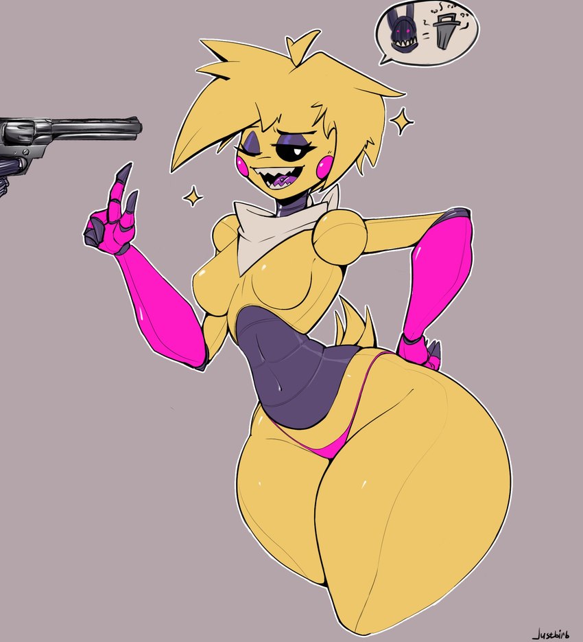 5_fingers ambiguous_gender animatronic avian blonde_hair blush bottom_heavy featureless_breasts female five_nights_at_freddy's_2 flat_colors hair hand_on_hip hi_res holding_weapon huge_thighs imminent_death justbirb krita_(program) lagomorph machine makeup medium_breasts multicolored_body open_mouth pictographics pink_panties pointing_up portrait robot robot_anthro scottgames sharp_teeth shit_talking signature small_waist smile speech_bubble tail three-quarter_portrait tongue tongue_piercing topless toy_chica_(fnaf) trash_can underwear white_border white_eyes white_kerchief wide_hips wink withered_bonnie yellow_body