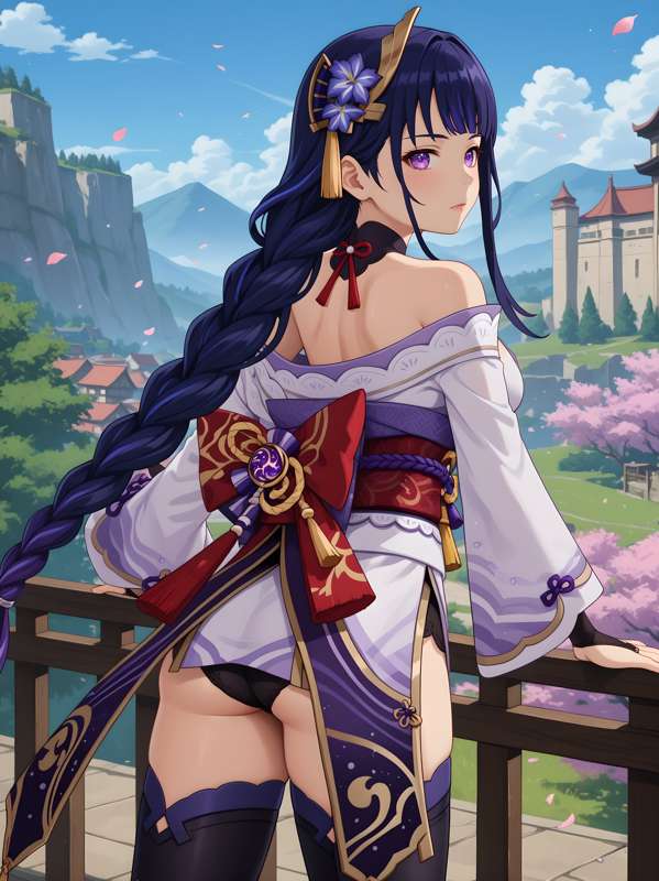 1girls ai_generated ass balcony braided_hair genshin_impact hair_accessory kimono light-skinned_female light_skin long_hair looking_at_viewer looking_back outdoors panties purple_eyes purple_hair raiden_shogun ribbon siahken stockings tagme