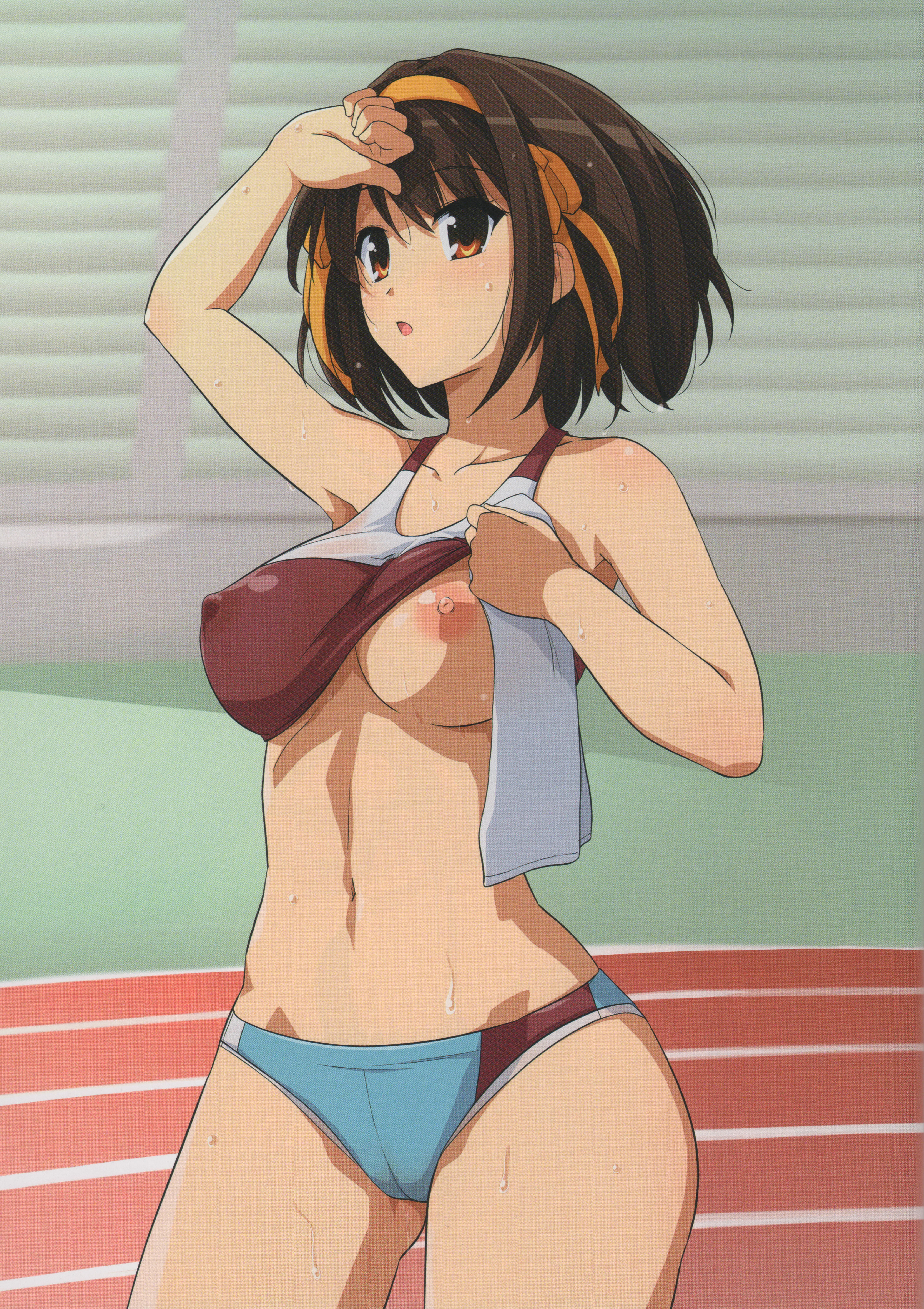 absurdres, bare shoulders, bleachers, bra, bra lift, breasts, brown eyes, brown hair, buruma, cameltoe, clothing, collarbone, covered nipples, female, gym uniform, hairband, haruhisky, highres, medium breasts, navel, nipples, one breast out, open mouth, pussy, scan, short hair, small breasts, sports bra, suzumiya haruhi, suzumiya haruhi no yuuutsu, sweat, towel, track, track uniform, underwear