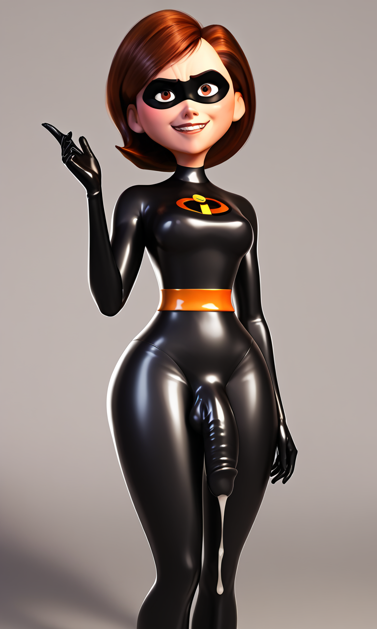 ai_generated black_latex black_latex_bodysuit bodysuit brown_eyes brown_hair captainfourcolor caucasian_female cum_dripping_from_penis cumdrip domino_mask elastigirl futanari helen_parr large_penis latex latex_bodysuit latex_gloves latex_suit masked_female penis penis_visible_through_clothing pixar skin_tight the_incredibles tight_clothing