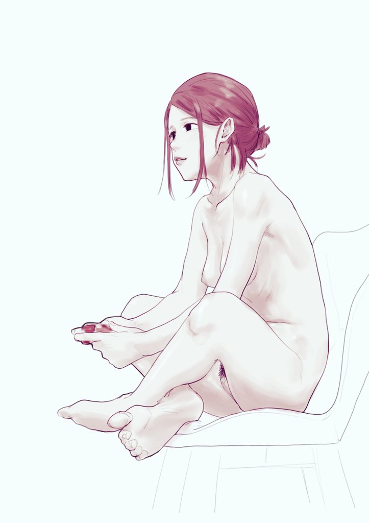 1girls casual casual_nudity controller female_only gaming nonsexual_nudity nudist shimokori sitting solo solo_female