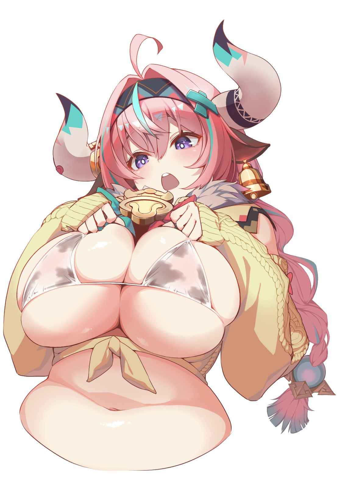 1girls, breasts, cow girl, cow print, female, genshin impact, horns, huge breasts, light skin, light-skinned female, natlan girls, pink hair, purple eyes, simple background, solo, thick, thick thighs, varesa (genshin impact), white background