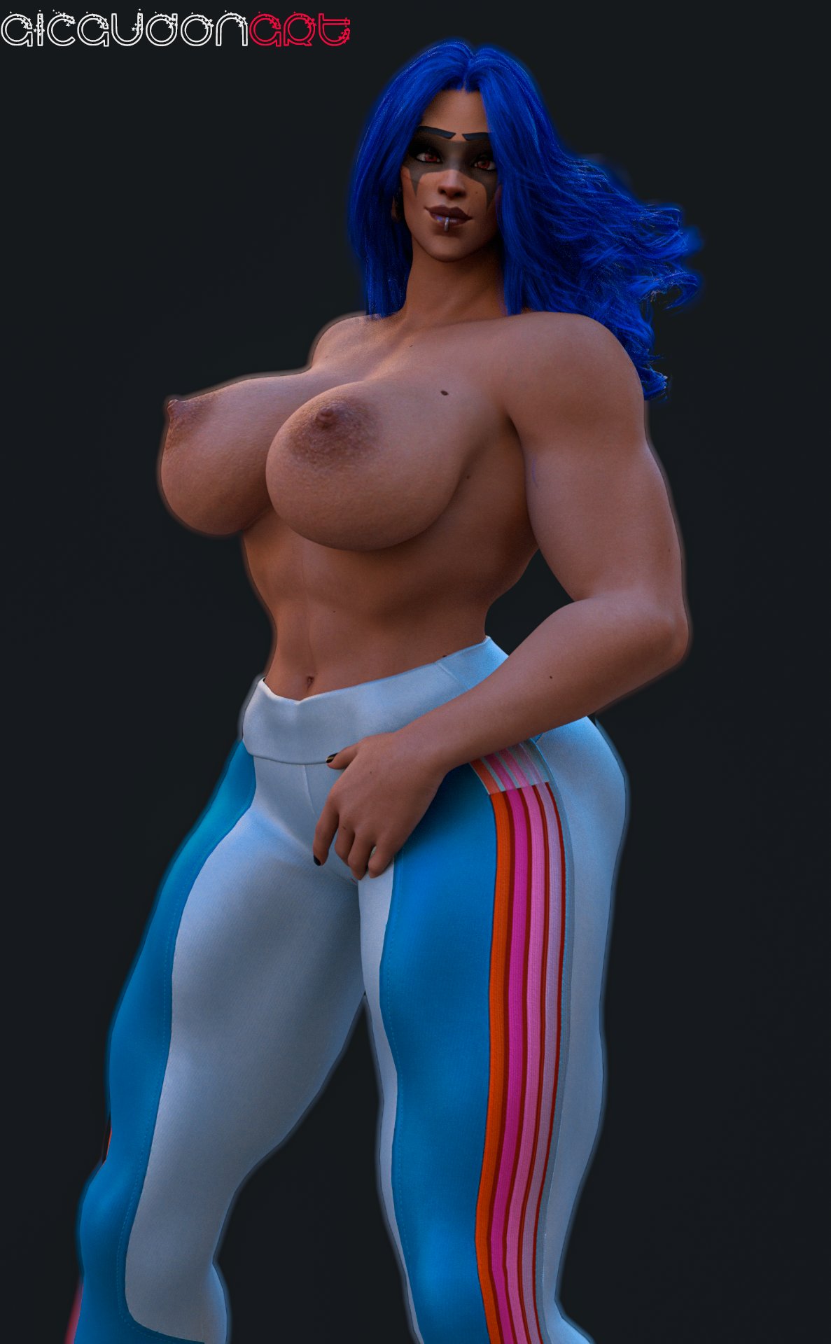 1girls 3d alcaudonart big_breasts blizzard_entertainment blue_hair breasts female huge_breasts junker_queen muscular muscular_female nipples overwatch solo