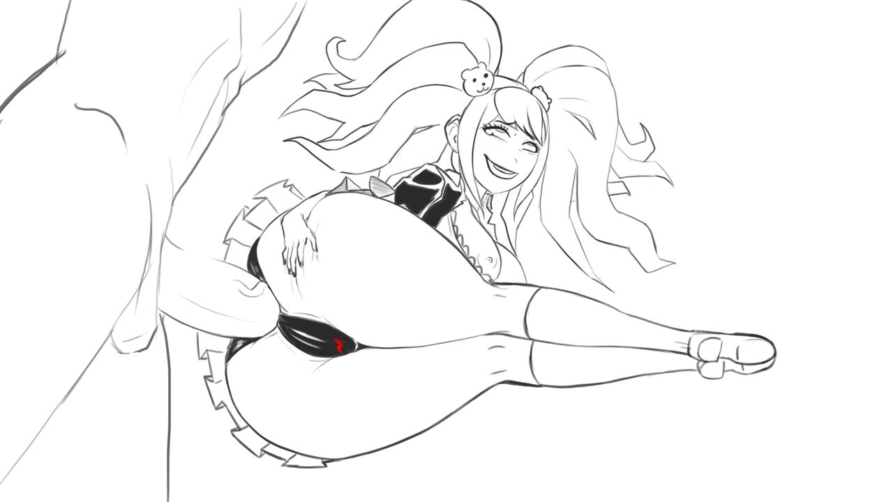 1boy, ahe gao, anal, anythinggoes, ass, big penis, black panties, bra, breasts, clothed female nude male, danganronpa, female, forced in fabric, gyaru, junko enoshima, large breasts, large penis, legs together, male, panties, penetration through clothes, penis, picot trim, picot trim bra, spread ass, straight, straight hair, through clothes, through panties, twintails