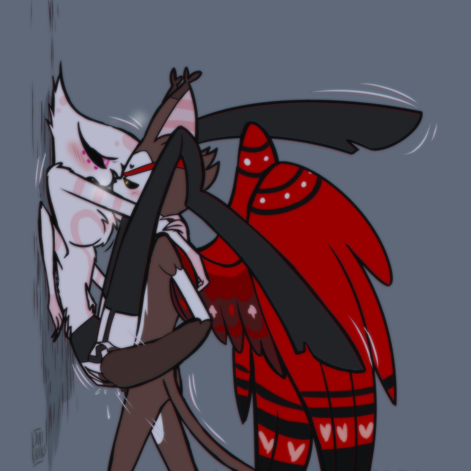 2boys, anal, anal sex, angel dust (hazbin hotel), blush, brown fur, chest tuft, closed eyes, demon, feline, garter belt, grabbing ass, hazbin hotel, hugging, husk (hazbin hotel), implied anal, implied penetration, implied sex, leaning against wall, legs held open, legs on shoulders, lifting, lifting person, looking pleasured, male, male only, male penetrated, male penetrating, male/male, nude, spider, thighhighs, thrusting, thrusting into ass, vivienne medrano, white body, white hair, wings, yaoi