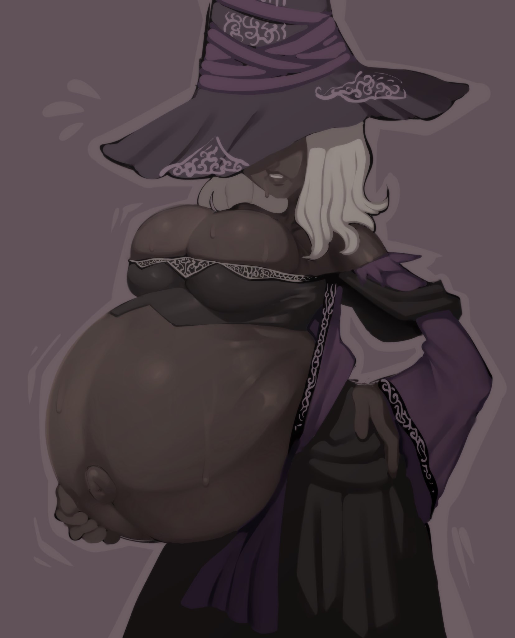 1girls, 2d, belly, belly button, big breasts, breasts, busty, clothed, dark skin, dark-skinned female, elden ring, elden ring nightreign, female, female only, fromsoftware, hat, hellbrain, huge breasts, large breasts, mostly clothed, pregnant, pregnant belly, pregnant female, recluse (nightreign), revealing clothes, tagme, tummy, white hair, witch, witch hat