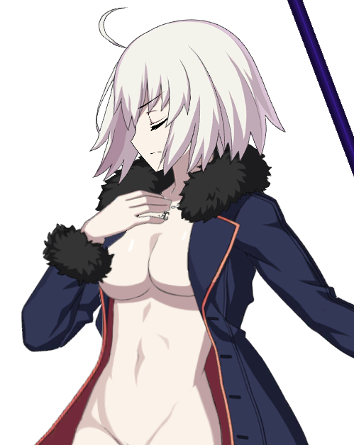 1girl 1girls abs ahoge blue_jacket closed_eyes coat convenient_censoring exposed_breasts fate/grand_order fate_(series) flimbonio functionally_nude functionally_nude_female fur-trimmed_coat fur-trimmed_jacket hand_on_chest holding_weapon jacket jacket_only jacket_open jeanne_alter jeanne_d'arc_(alter)_(fate) jeanne_d'arc_(fate) jeanne_d'arc_(fate)_(all) necklace pale-skinned_female pale_skin pussy_peek serious_look short_hair sprite_edit white_hair