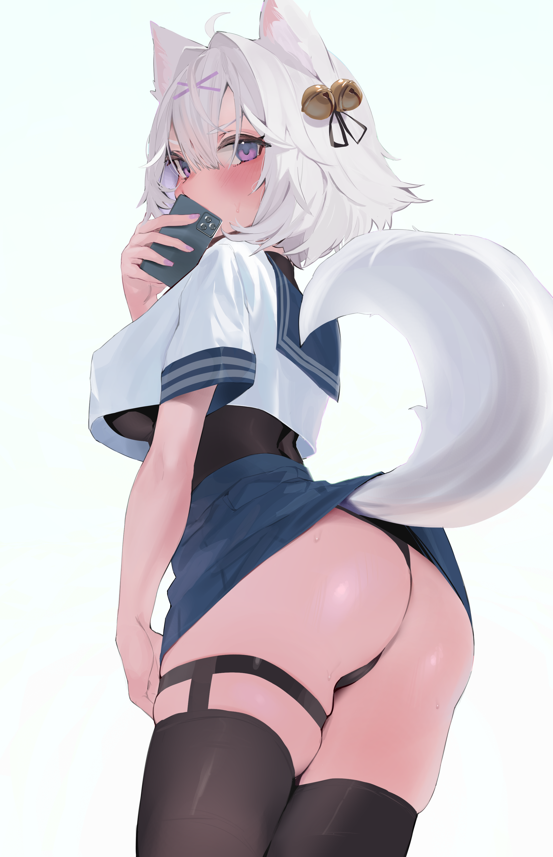 1girls, 2d, absurdres, alternate breast size, animal ears, ass, ass focus, bell, black thighhighs, blue skirt, boobs, breasts, commentary, cropped shirt, fat ass, female, filian, filian (vtuber), fox ears, fox girl, fox tail, hair bell, hair ornament, highres, indie virtual youtuber, large ass, large breasts, miniskirt, mirror selfie, purple eyes, raigyo (mk48torpedo), rindo (vrchat), selfie, shirt, simple background, skindentation, skirt, solo, tail, thighhighs, tits, virtual youtuber, vrchat, vtuber, white background, white hair, white shirt