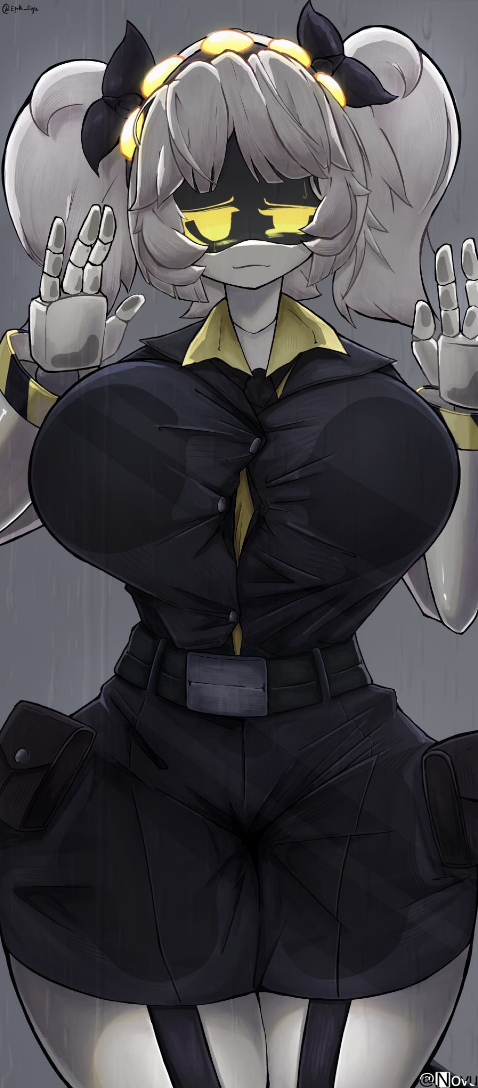 1girls against_glass against_surface ass big_ass big_breasts breasts clothed clothing epokguyz female_focus female_only gigantic_ass gigantic_breasts gigantic_thighs glitch_productions j_(murder_drones) looking_at_viewer murder_drones sliver_hair solo tagme thick_thighs twintails white_body yellow_eyes