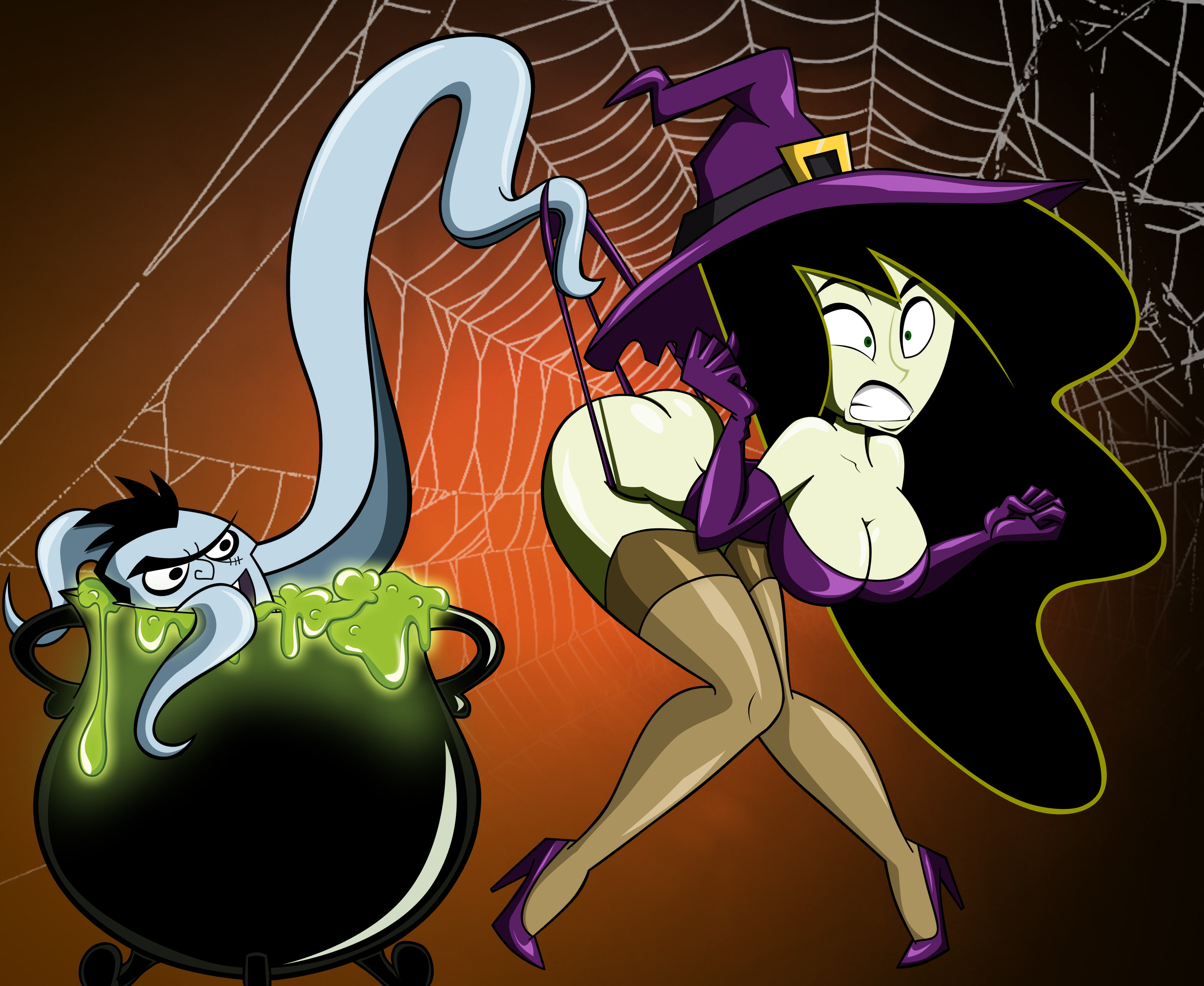 1boy, 1girls, ass, ass crack, black hair, breasts, butt crack, cauldron, cleavage, clenched teeth, costume, disney, dr. drakken, female, green eyes, green skin, green socks, grimphantom, halloween, halloween costume, heels, high heels, kim possible, large breasts, long hair, male, panties, shego, socks, spider web, startled, stockings, surprised, tentacles, thigh socks, thighhighs, transformation, wedgie, witch, witch costume, witch hat