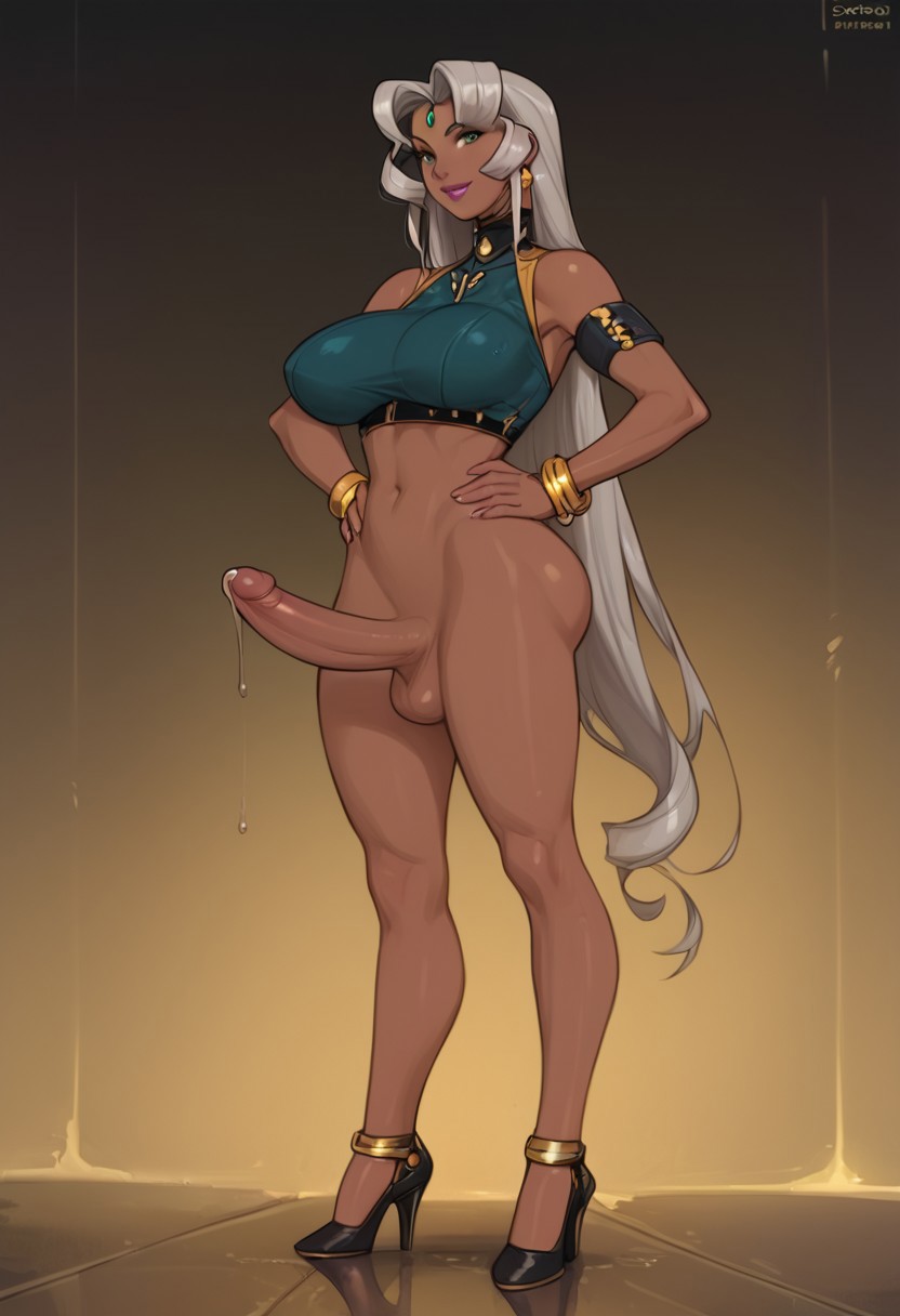 ai_generated black_high_heels bottomless buzam_a_calessa crop_top dark-skinned_futanari dark_skin futa_focus futa_only futanari grey_hair hands_on_hips high_heels jewelry large_breasts large_penis midriff precum self_upload standing vandread very_long_hair wide_hips zarastinia