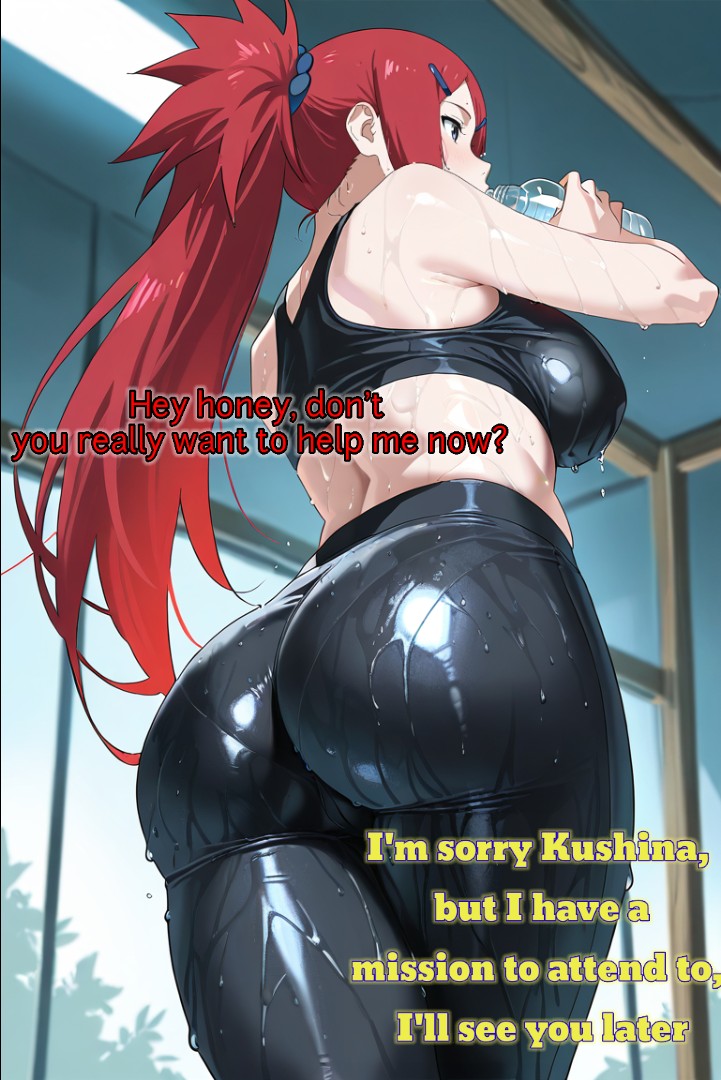 ai generated, ass, ass focus, boruto: naruto next generations, crop top, female, grabbing, indoors, kushina uzumaki, looking away, namikaze minato, naruto, naruto (classic), naruto (series), naruto shippuden, naruto shippuuden, nice ass, sexy, sexy pose, standing, story, text, uzumaki kushina, water bottle, wet, wife and husband, yoga pants