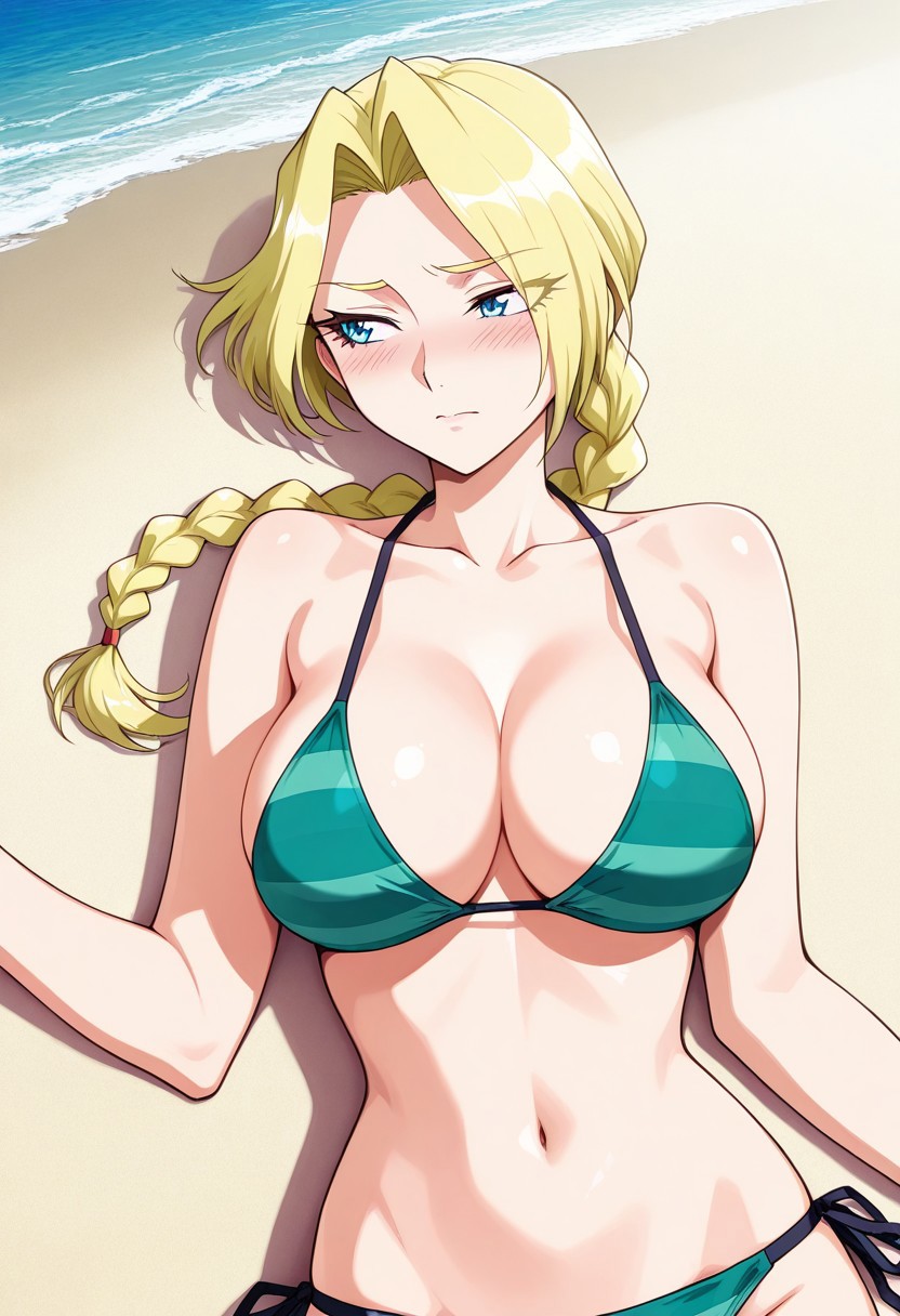 ai_generated beach blonde_female blonde_hair blush braid braided_hair breasts castlevania castlevania_legends embarrassed embarrassed_female female female_only large_breasts looking_away lying milf pale-skinned_female pale_skin sonia_belmont