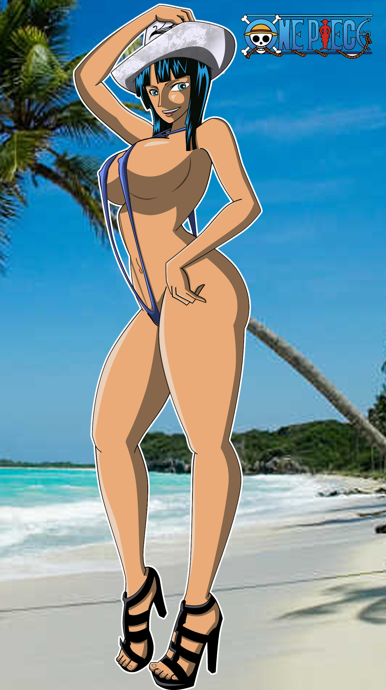 arabasta saga, bangs, beach, bikini, black hair, breasts, clothing, cowboy hat, feet, female, female only, footwear, full body, grimphantom, hat, high heels, huge breasts, human, large breasts, long hair, navel, nico robin, nipple bulge, one piece, open toe shoes, outdoors, palm tree, perky breasts, photo background, skimpy, sling bikini, slingshot swimsuit, solo, toes, tree