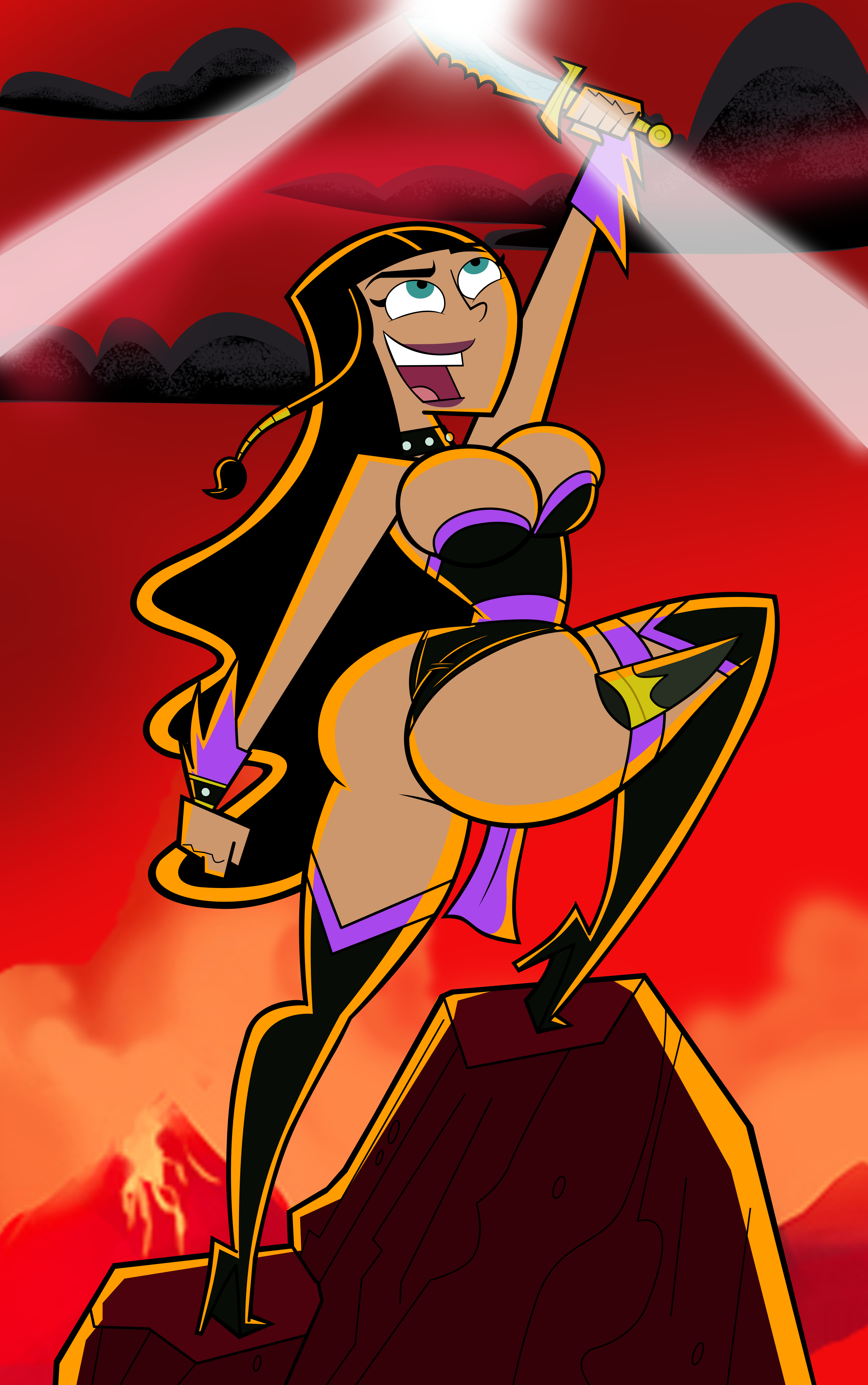 1girls, ass, big ass, big breasts, black hair, breasts, brown skin, collar, curvy, danny phantom, dark skin, dark-skinned female, female, female only, grimphantom, high heels, long hair, nickelodeon, open mouth, paulina sanchez, purple lipstick, reference, solo, teal eyes, very long hair, voluptuous