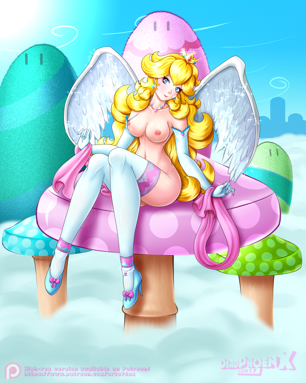 1girls areolae blonde_hair blue_eyes breasts deadphoenx female female_only full_body long_hair looking_at_viewer mario_(series) mushroom naked_footwear nintendo nipples princess_peach sitting solo super_mario_bros. thighhighs wings