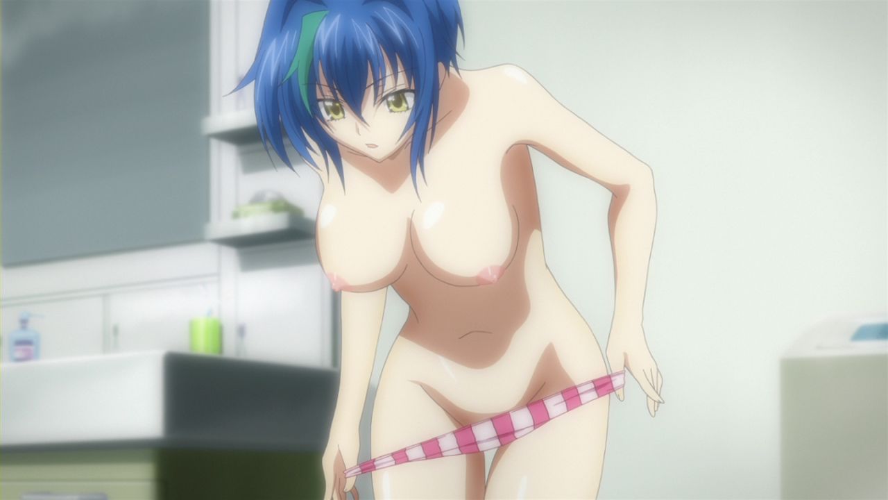 1girls, areolae, blue hair, breasts, breasts out, cleavage, demon, demon girl, exposed breasts, female, high school dxd, large breasts, multicolored hair, nipples, no bra, open mouth, panties, screencap, screenshot, short hair, solo, tnk (company), two-tone hair, undressing, xenovia quarta, yellow eyes
