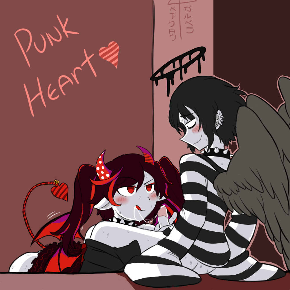 1boy 1girls angel bear_claw_(mogeko) demon fellatio female funamusea gerbera horns nsfyosu straight