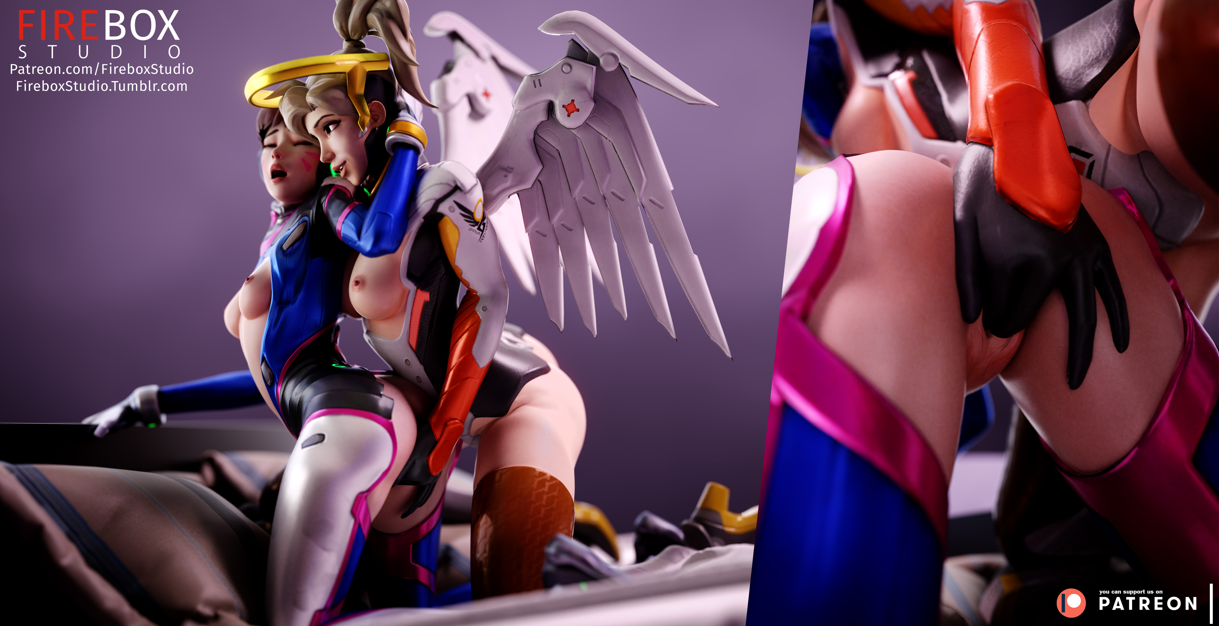 2girls, 3d, angela ziegler, areolae, ass, blender, blizzard entertainment, breasts, d.va, female, female only, fingering, fireboxstudio, hana song, mercy, nipples, overwatch, patreon username, pussy, thighhighs, tumblr username, yuri