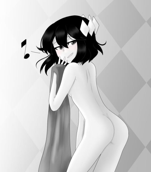 1girls ass black_hair blush butt etihw female funamusea hair_ornament musical_note naked nude problilmatic solo the_gray_garden white_skin