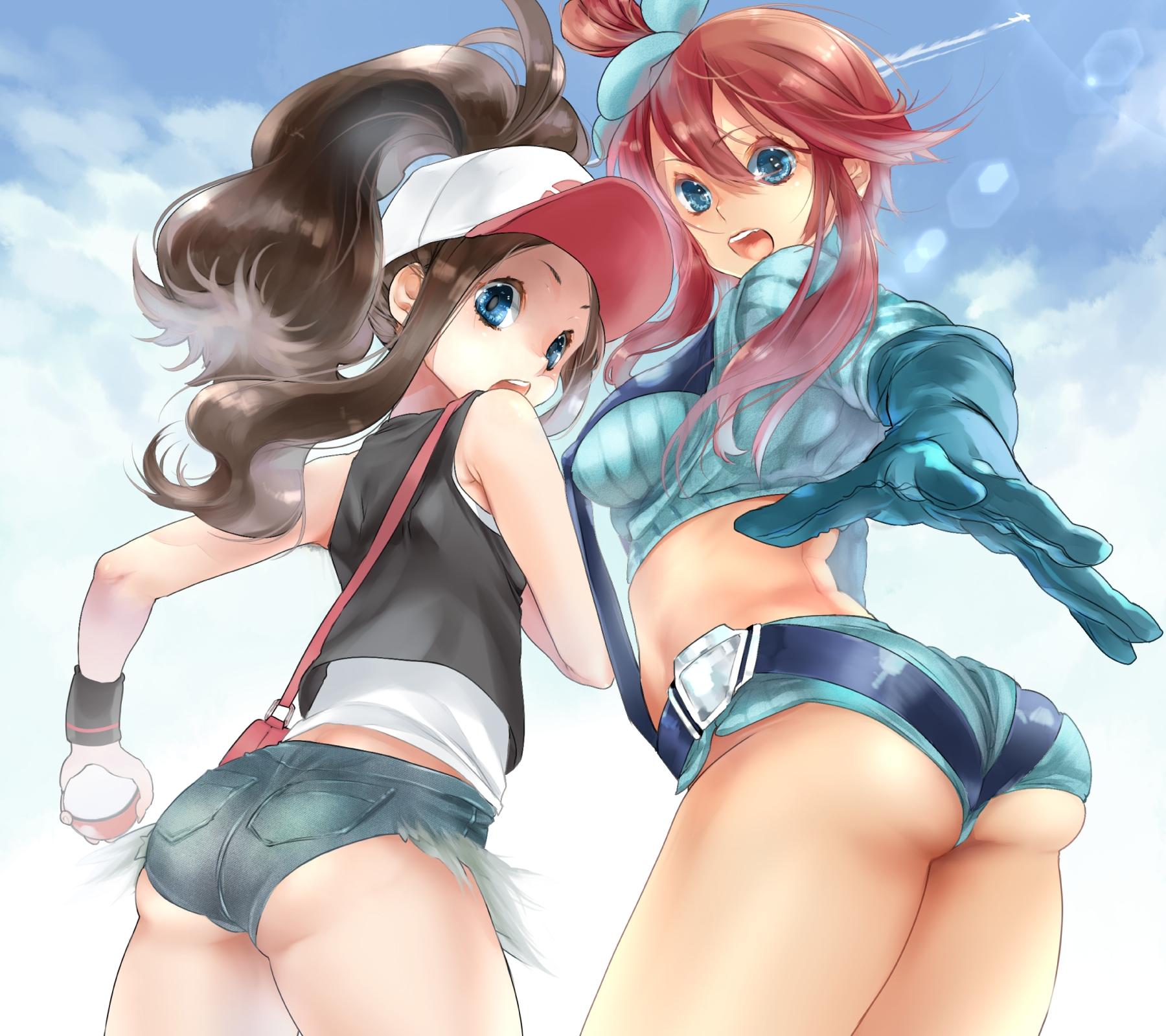 ass, ass hanging out of shorts, booty shorts, brown hair, female, hilda (pokemon), looking back, pokemon, red hair, short shorts, shorts, skyla (pokemon)