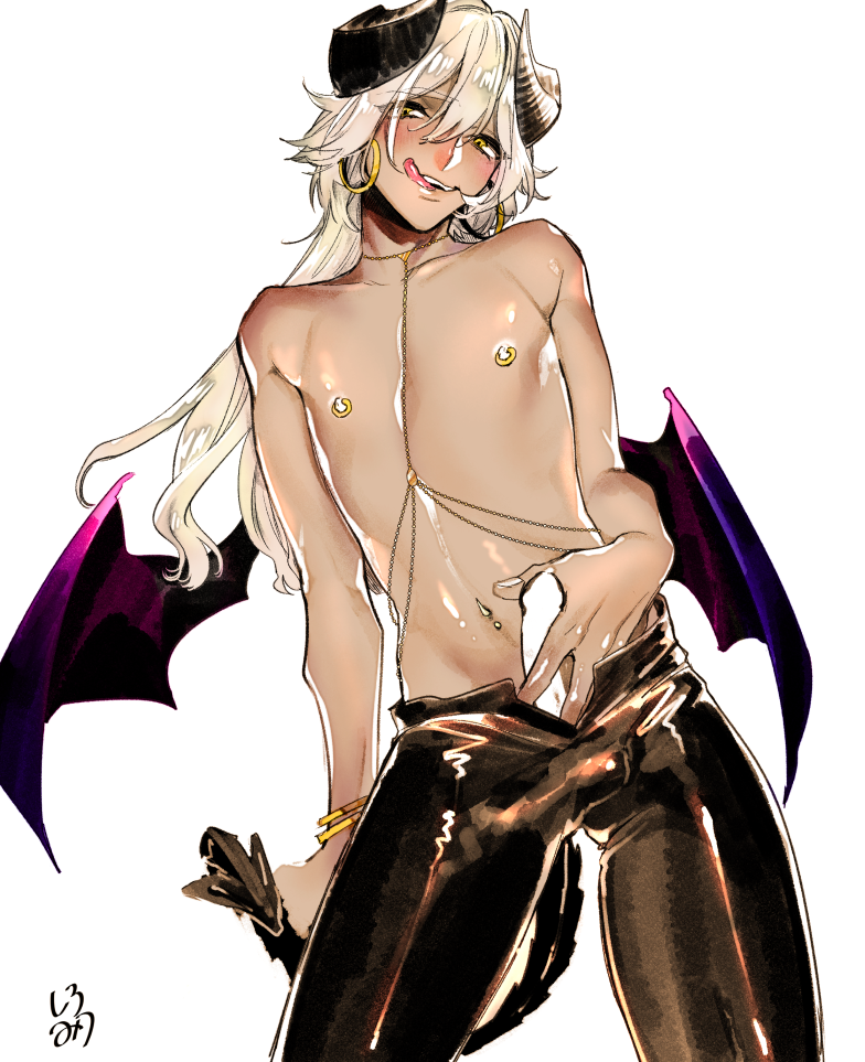 1boy :q areolae ass_visible_through_thighs bangle bangs black_pants blush body_chain body_jewelry bracelet censored collarbone commentary_request demon_boy demon_horns demon_tail demon_wings disembodied_penis drooling earrings eyebrows_visible_through_hair eyelashes eyes_visible_through_hair hair_between_eyes half-closed_eyes hand_on_penis head_tilt holding_own_tail hoop_earrings horns jewelry jewelry_chains long_hair looking_at_viewer male male_only navel nipple_piercing nipples open_fly open_mouth open_pants original pants parted_bangs penis piercing raised_eyebrows shiny shiny_clothes shiromitsu_daiya shirtless simple_background slit_pupils solo standing tail tan thick_eyebrows tongue tongue_out translation_request white_background white_hair wings yellow_eyes