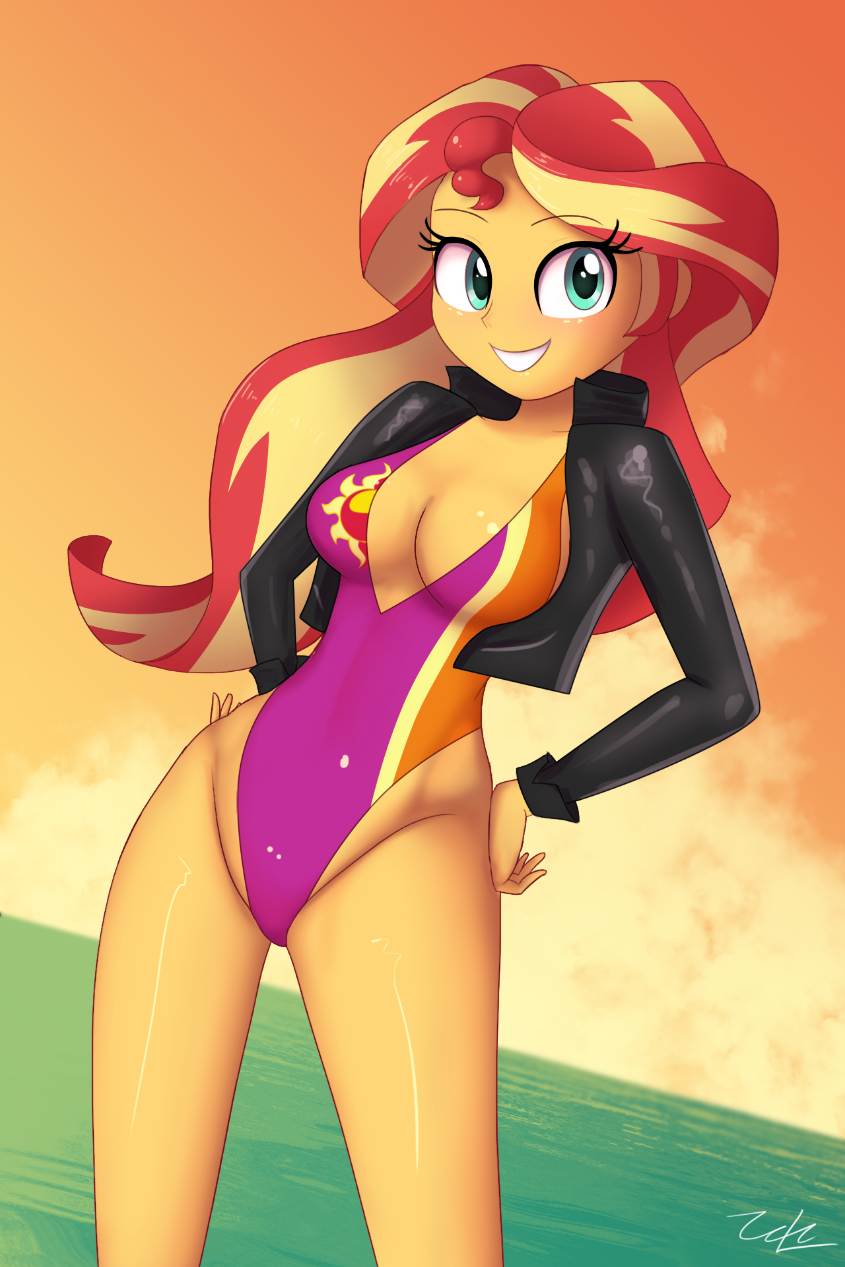 1girls, breasts, cleavage, equestria girls, female, female only, friendship is magic, hasbro, jacket, looking at viewer, my little pony, solo, solo female, sunset shimmer, swimsuit, zelc-face