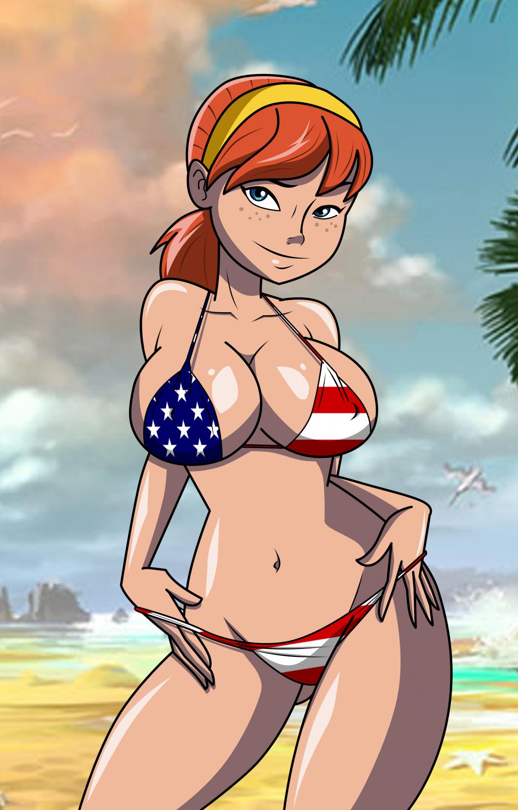 1girls, american flag, american flag bikini, april o'neil, april o'neil (tmnt 2012), beach, big breasts, bikini, blue eyes, breasts, busty, cleavage, female, freckles, grimphantom, hourglass figure, large breasts, navel, pose, posing, sensual, smile, solo, teenage mutant ninja turtles, teenage mutant ninja turtles (2012), teenager, tmnt 2012, voluptuous