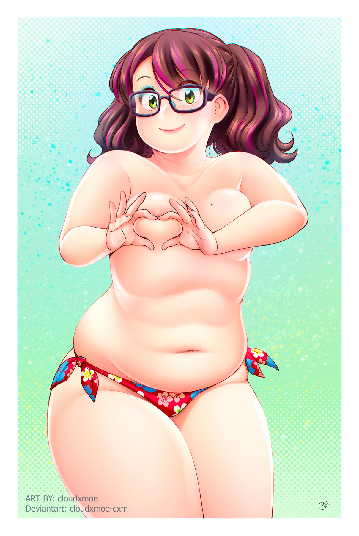 breasts, brown hair, chubby, chubby belly, chubby female, cloudxmoe, female, glasses, heart-shaped boob challenge, highres, looking at viewer, mole, mole on breast, navel, nipples, original, pink hair, plump, small breasts, smile, solo, topless, twintails, two-tone hair, white border