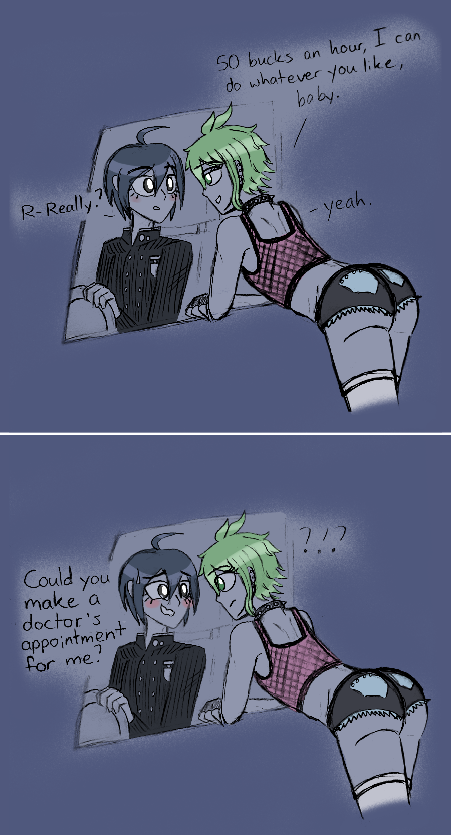 ass_focus booty_shorts car clothed crocodilianbooty crop_top danganronpa_v3 english_text femboy gay limited_palette male_only new_danganronpa_v3 prostitution rantaro_amami saihara_shuuichi sex_worker simple_background suggestive two_panel_image yaoi