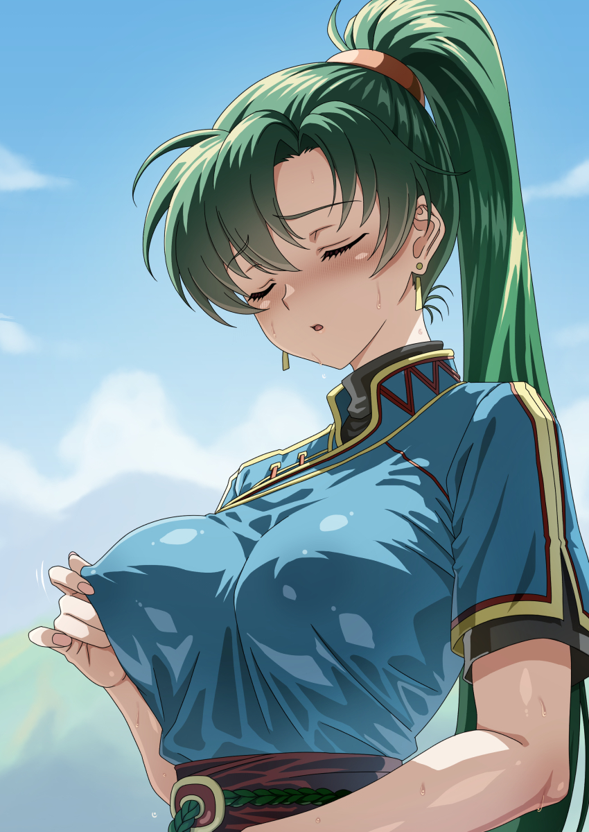 blush closed_eyes clothed_masturbation earrings female fire_emblem fire_emblem:_the_blazing_blade fully_clothed green_hair lyn_(fire_emblem) lyndis_(fire_emblem) masturbation more_at_source nipple_bulge pinching_nipples ponytail sweating syunzou tagme