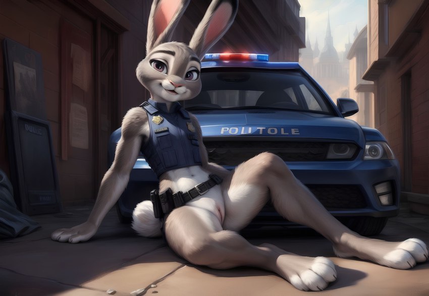 ai_generated alley anthro arm_support belt bottomless bottomless_female car casual_exposure city city_background clothed clothing disney ears_up female genitals hi_res judy_hopps lagomorph leporid looking_at_viewer mammal outdoors police_car police_uniform presenting pussy rabbit sitting_on_ground smile solo spread_legs spreading topwear uniform vehicle vest wolf552906 zootopia