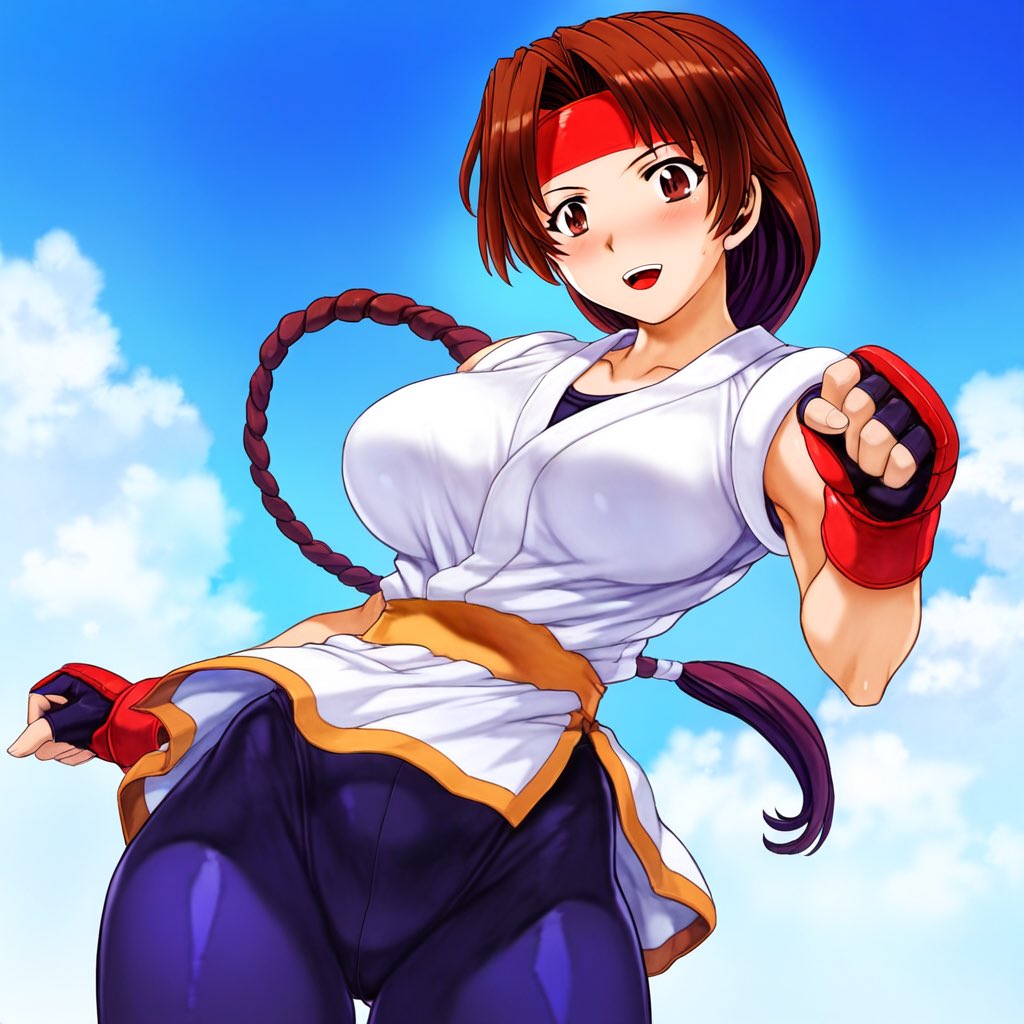 1girls ai_generated big_breasts braid braided_ponytail brown_eyes brown_hair busty female gloves headband huge_breasts karate_gi king_of_fighters latex leggings light-skinned_female light_skin long_hair looking_at_viewer outdoors outside ponytail skirt spandex thick thick_thighs thighs tied_hair voluptuous voluptuous_female wide_hips yoga_pants yuri_sakazaki