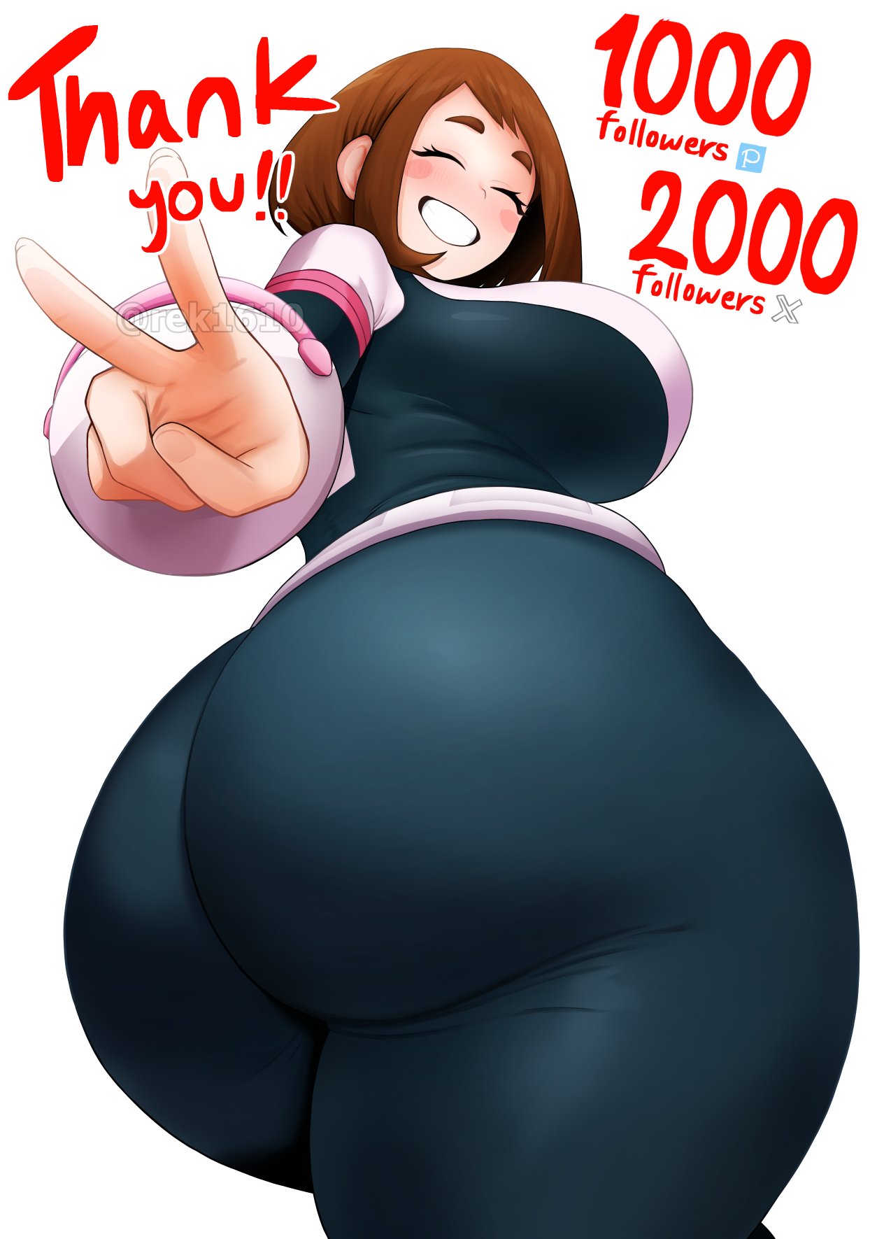 2d ass_focus big_ass bodysuit brown_hair chubby_female dumptruck_ass female female_only full_color fully_clothed happy huge_ass huge_breasts my_hero_academia no_penetration ochako_uraraka peace_sign rek1610 skin_tight smile solo solo_female superheroine text that_ass_was_fat thick thick_thighs tight_clothing wide_hips