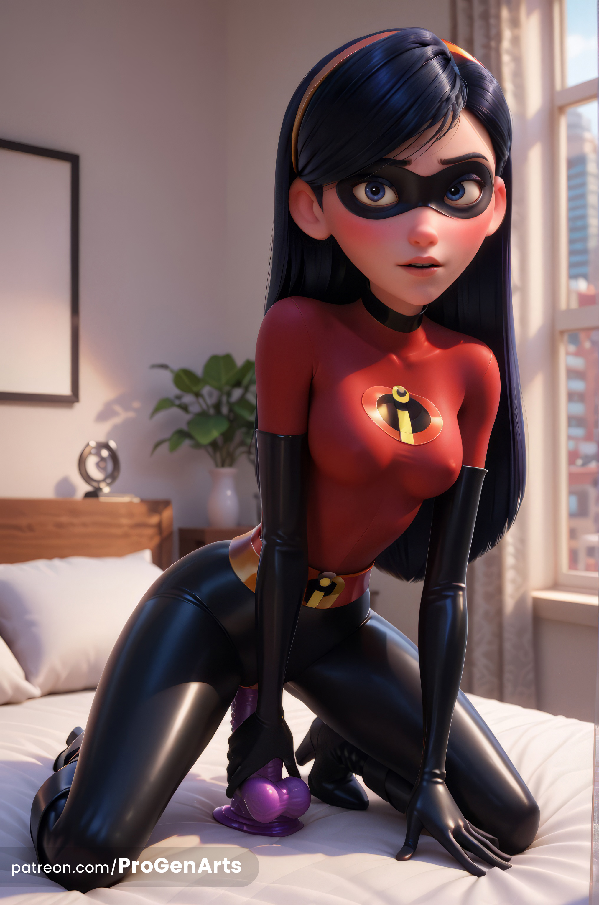 1girls, ai generated, bed, bedroom, black gloves, black hair, blue eyes, blush, bodysuit, boots, breasts, covered nipples, dildo, disney, domino mask, elbow gloves, female, female masturbation, female only, gloves, hairband, hi res, high heels, indoors, latex, latex gloves, long hair, looking at viewer, mask, masturbation, medium breasts, object insertion, on bed, parted lips, pillow, pixar, progenarts, sex toy, skin tight, solo, superhero, superheroine, the incredibles, the incredibles 2, violet parr, window, younger female